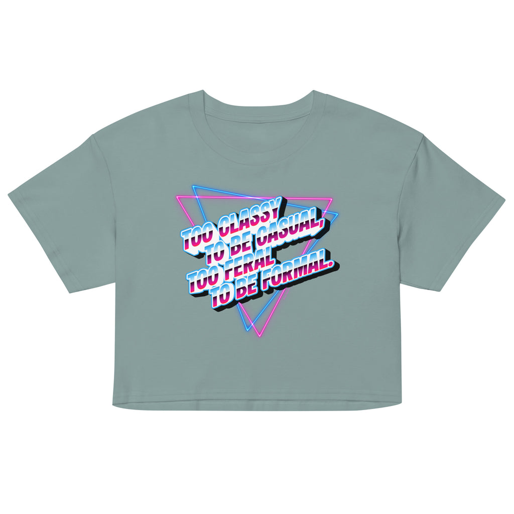 Gray crop top with colorful text design on a white background