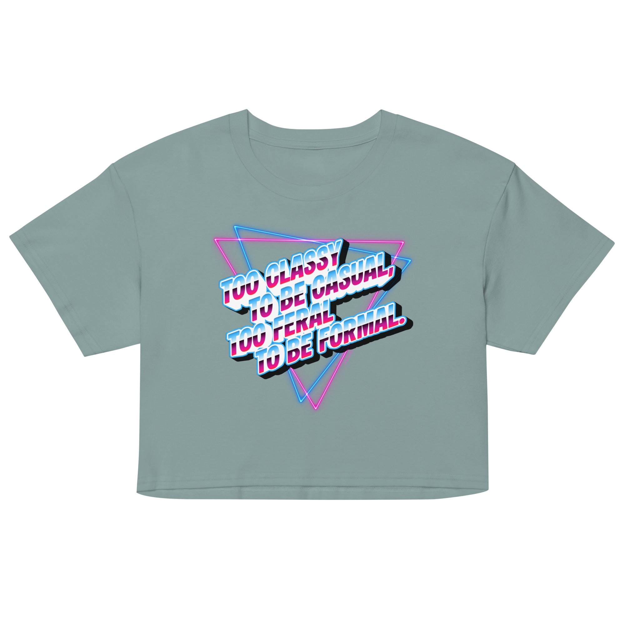 Gray crop top with colorful text design on a white background
