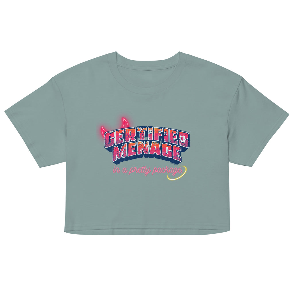 Light blue crop top with colorful graphic text on a white background