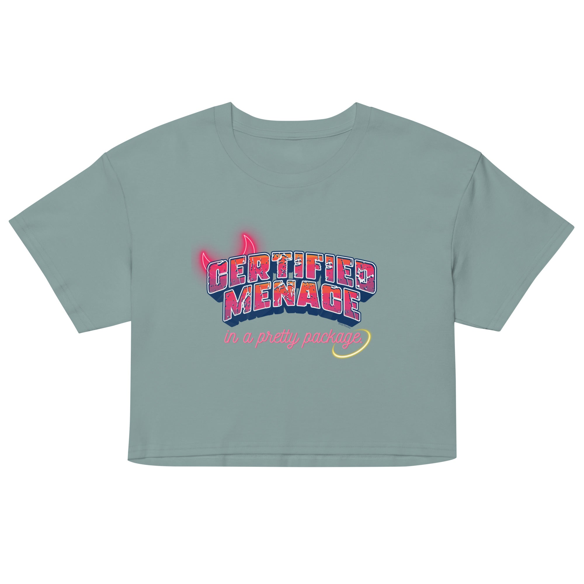 Light blue crop top with colorful graphic text on a white background