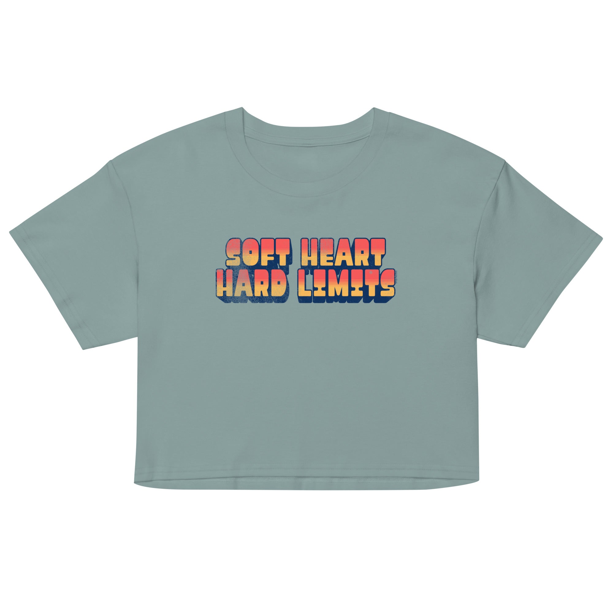 Light blue crop top with colorful text 'SOFT HEART HARD LIMITS' on a white background