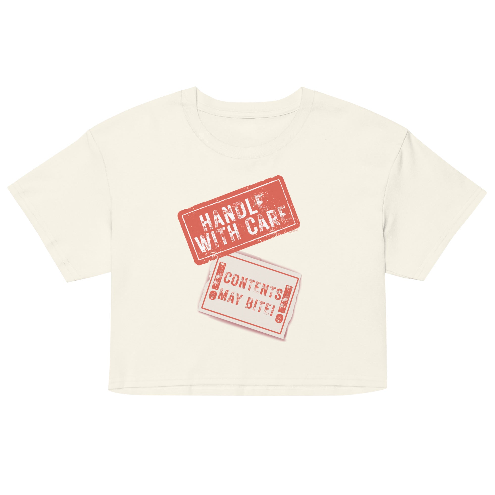 Beige t-shirt with red 'Handle with Care' and 'Contents May Vary' text on a white background