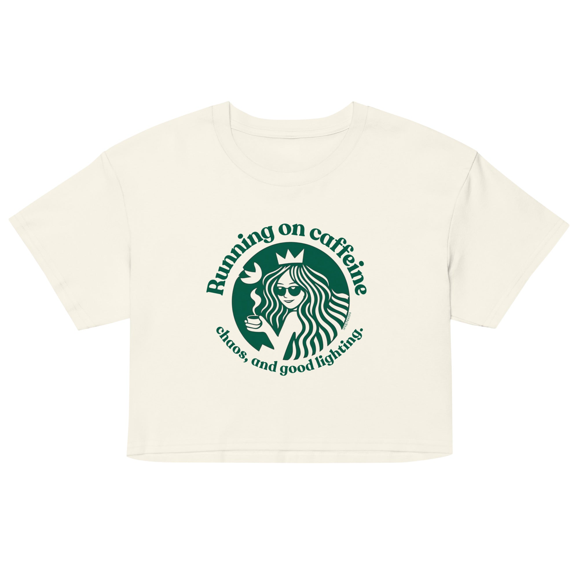 White t-shirt with logo and text 'Running on caffeine, chaos, and good fighting!' on a white background