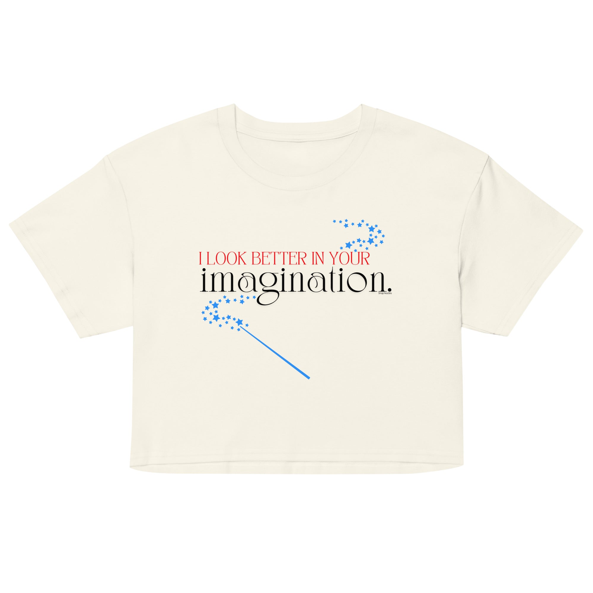 Beige t-shirt with text and graphics on a white background