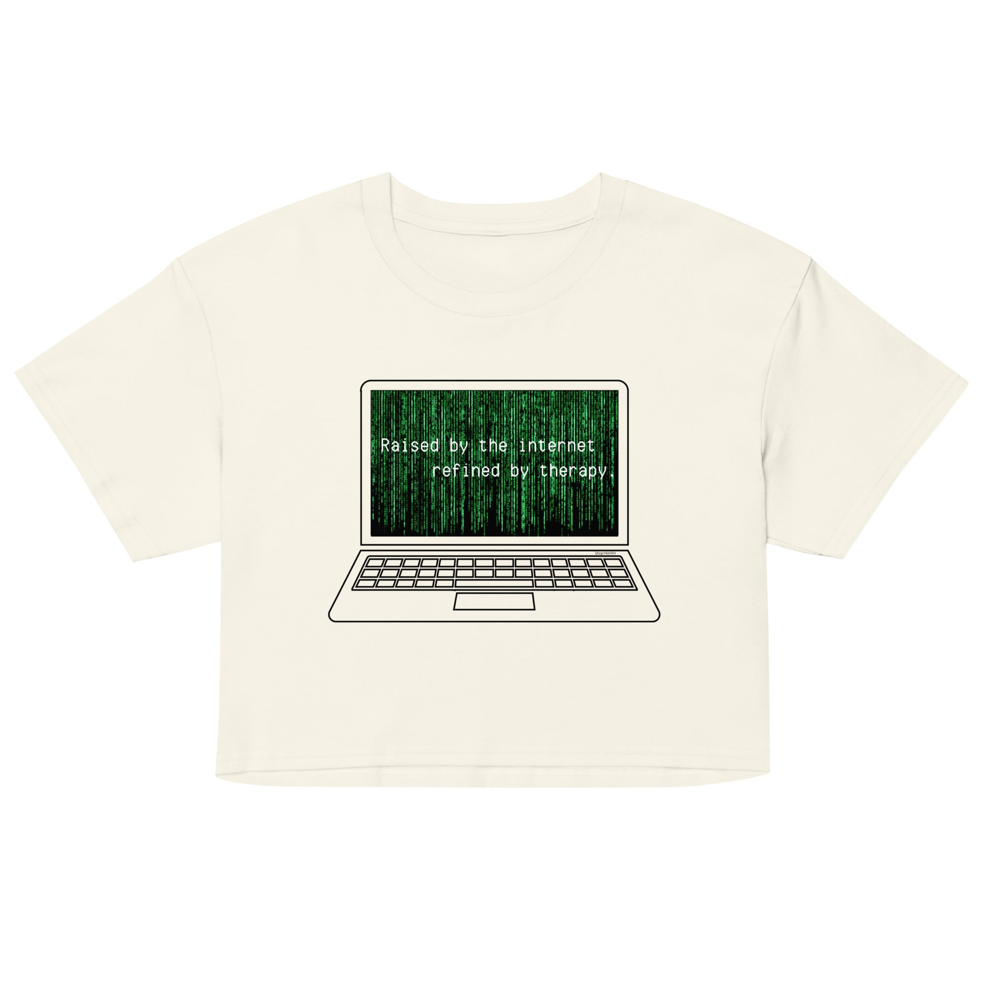 Beige crop top with a graphic of a laptop and text on a white background