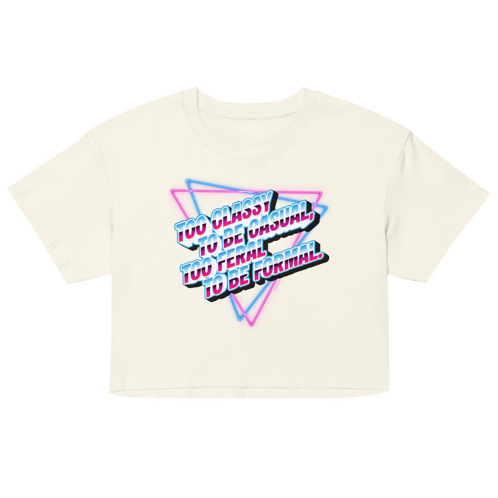Beige t-shirt with colorful text design on a white background