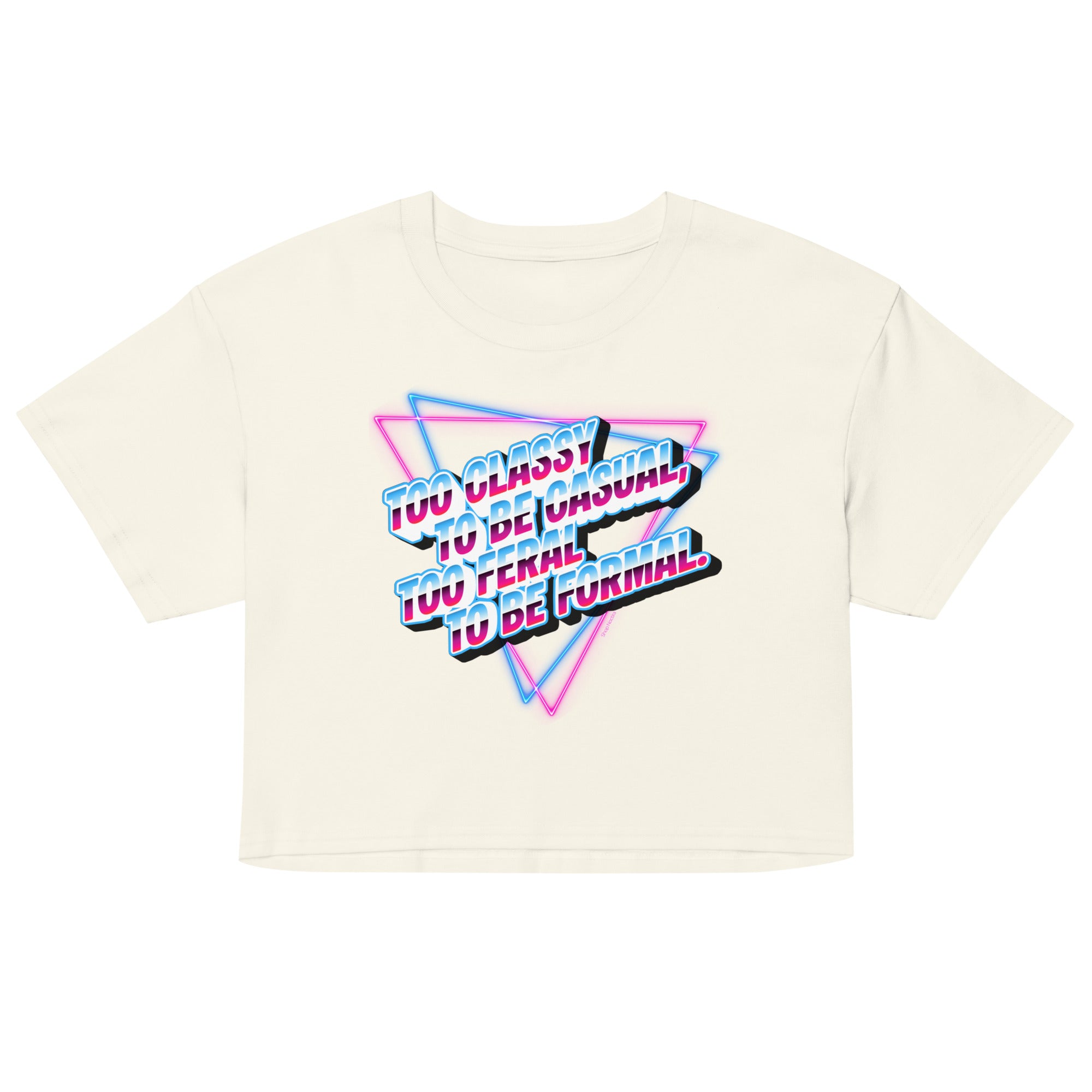Beige t-shirt with colorful text design on a white background