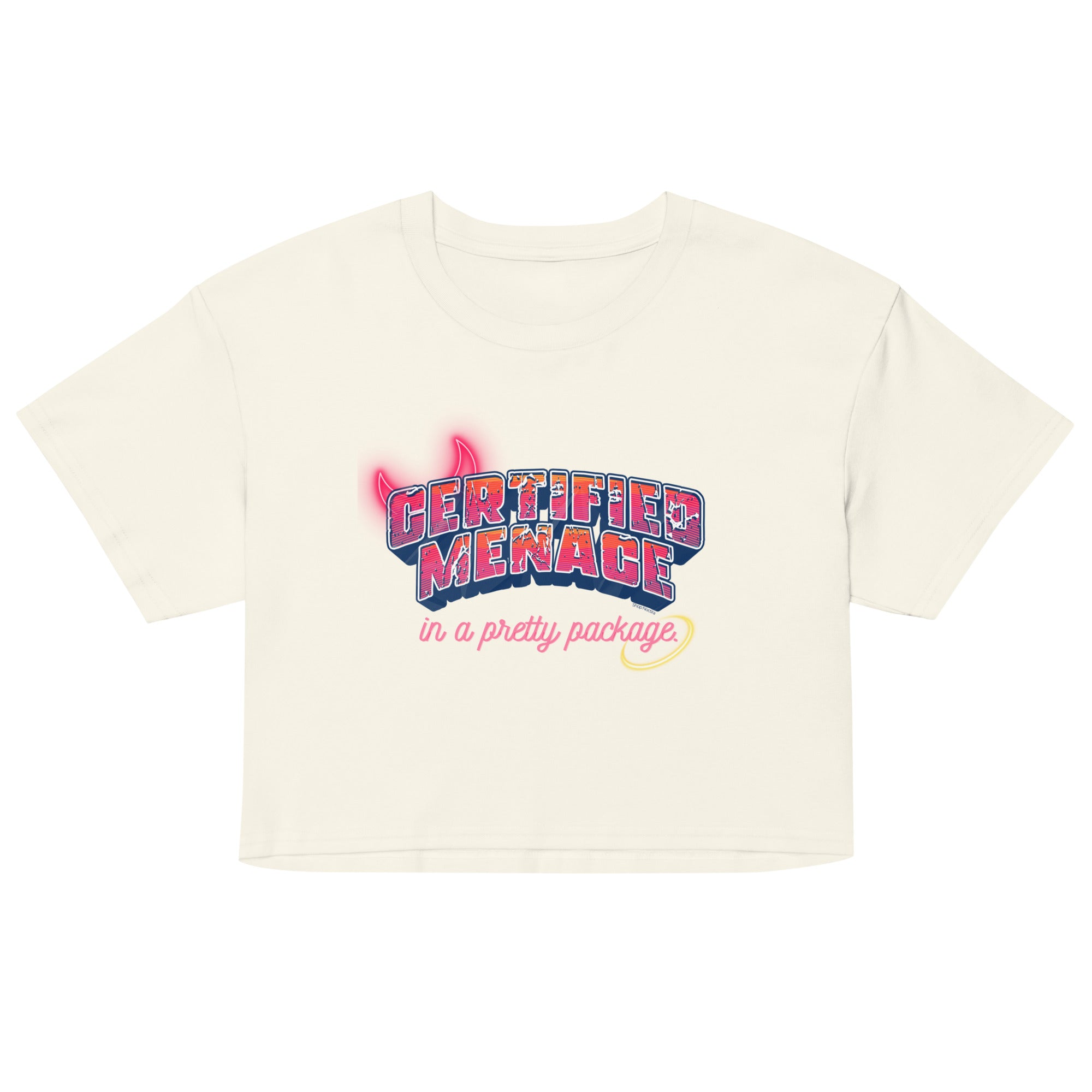 Beige t-shirt with colorful text design on a white background