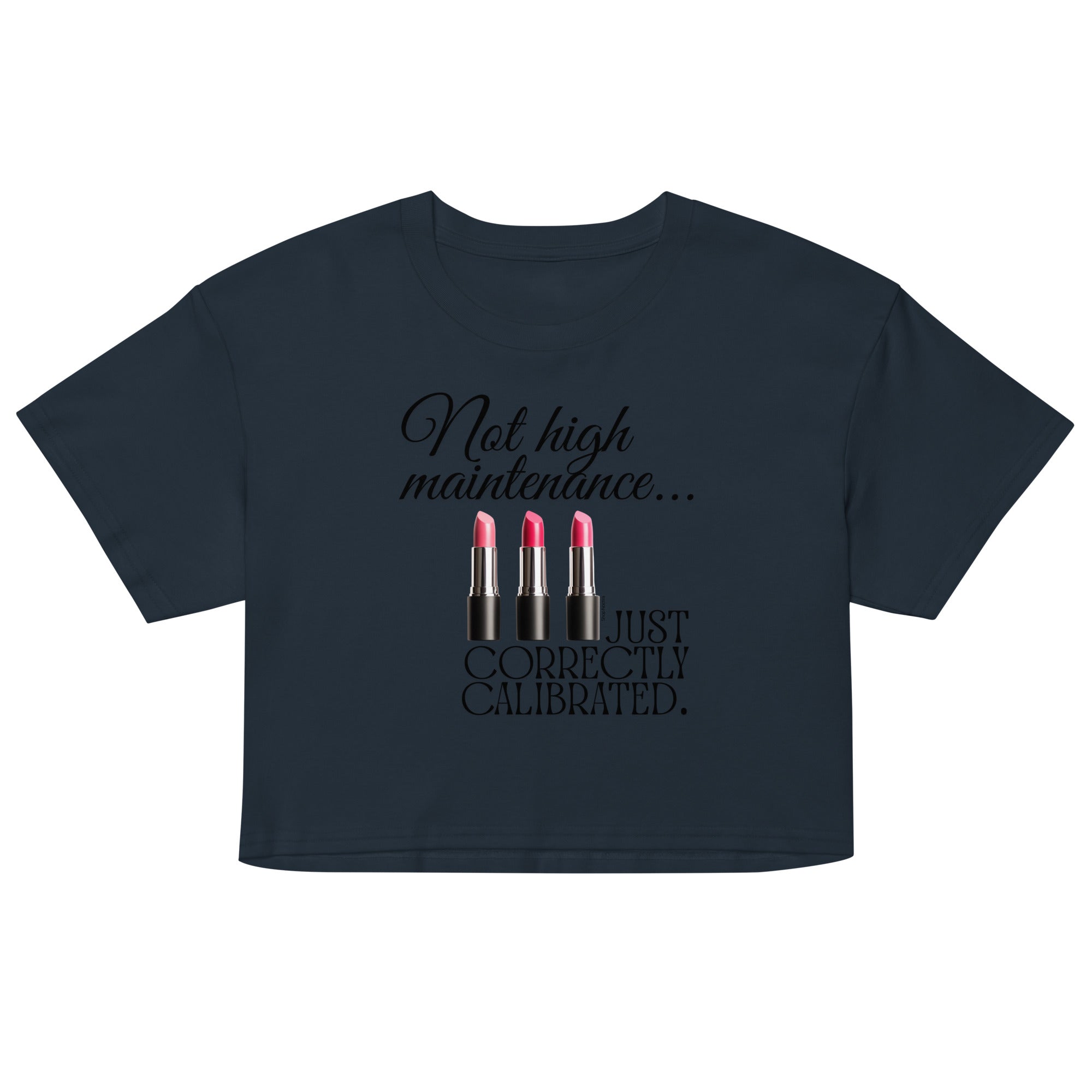 Black crop top with text and lipstick graphics on a white background