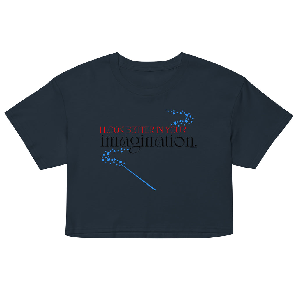 Black t-shirt with text and blue design on a white background
