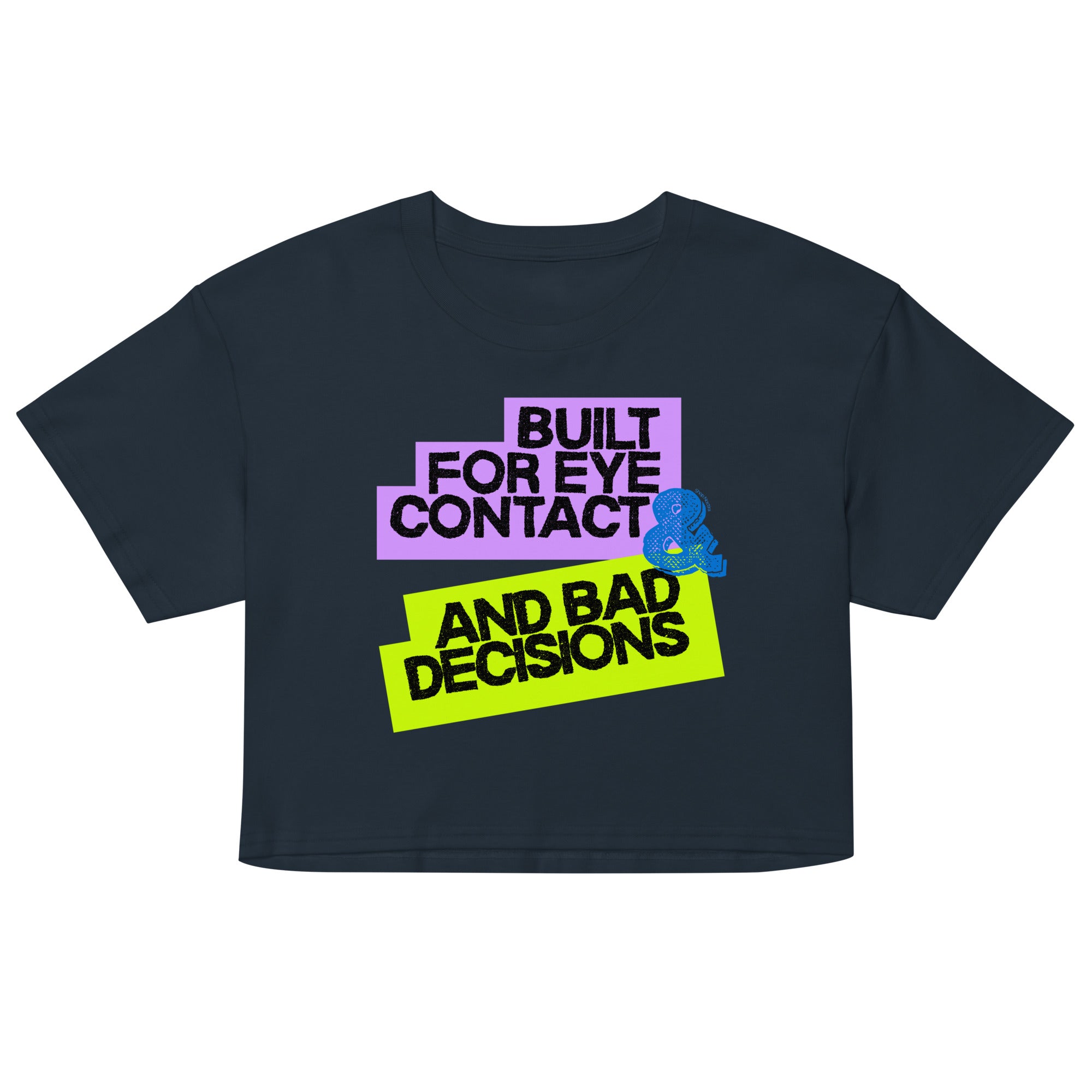 Black t-shirt with colorful text and graphic on a white background