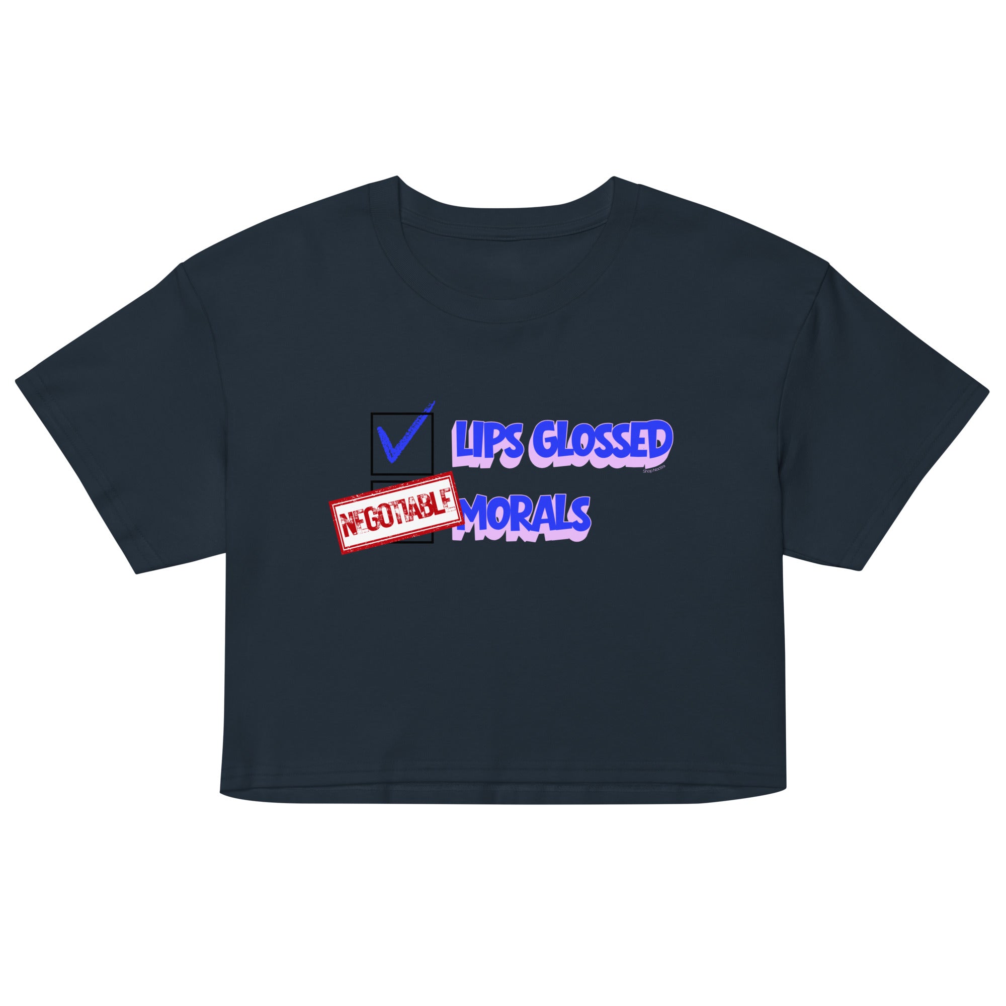 Black crop top with colorful text design on a white background