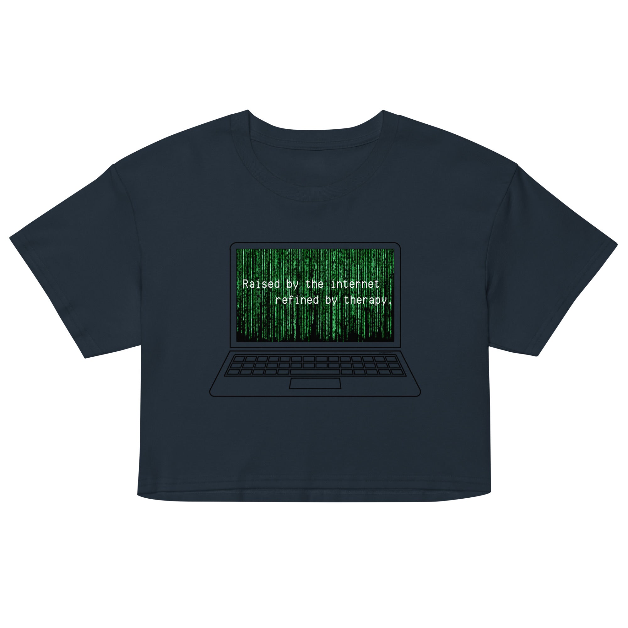 Black t-shirt with a graphic of a laptop displaying text and a Matrix-style background.