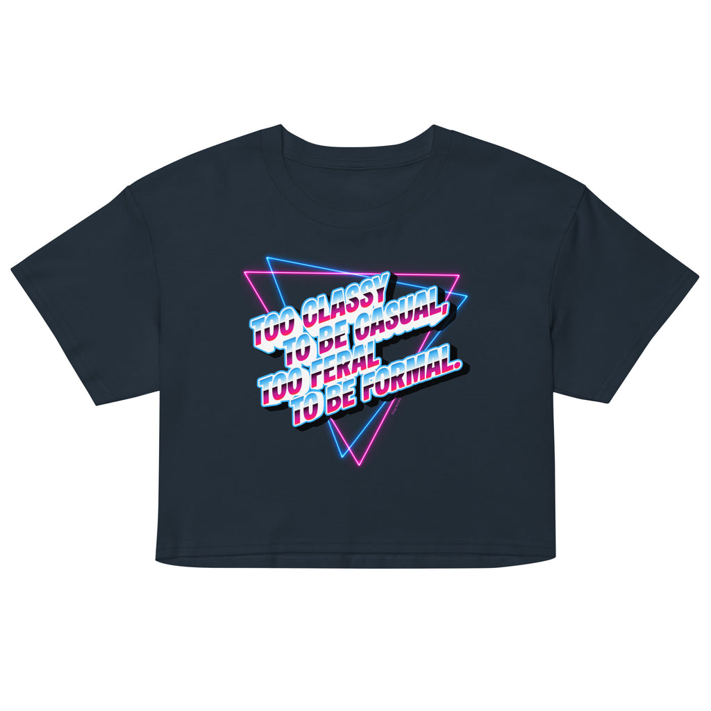 Black crop top with white text on a white background