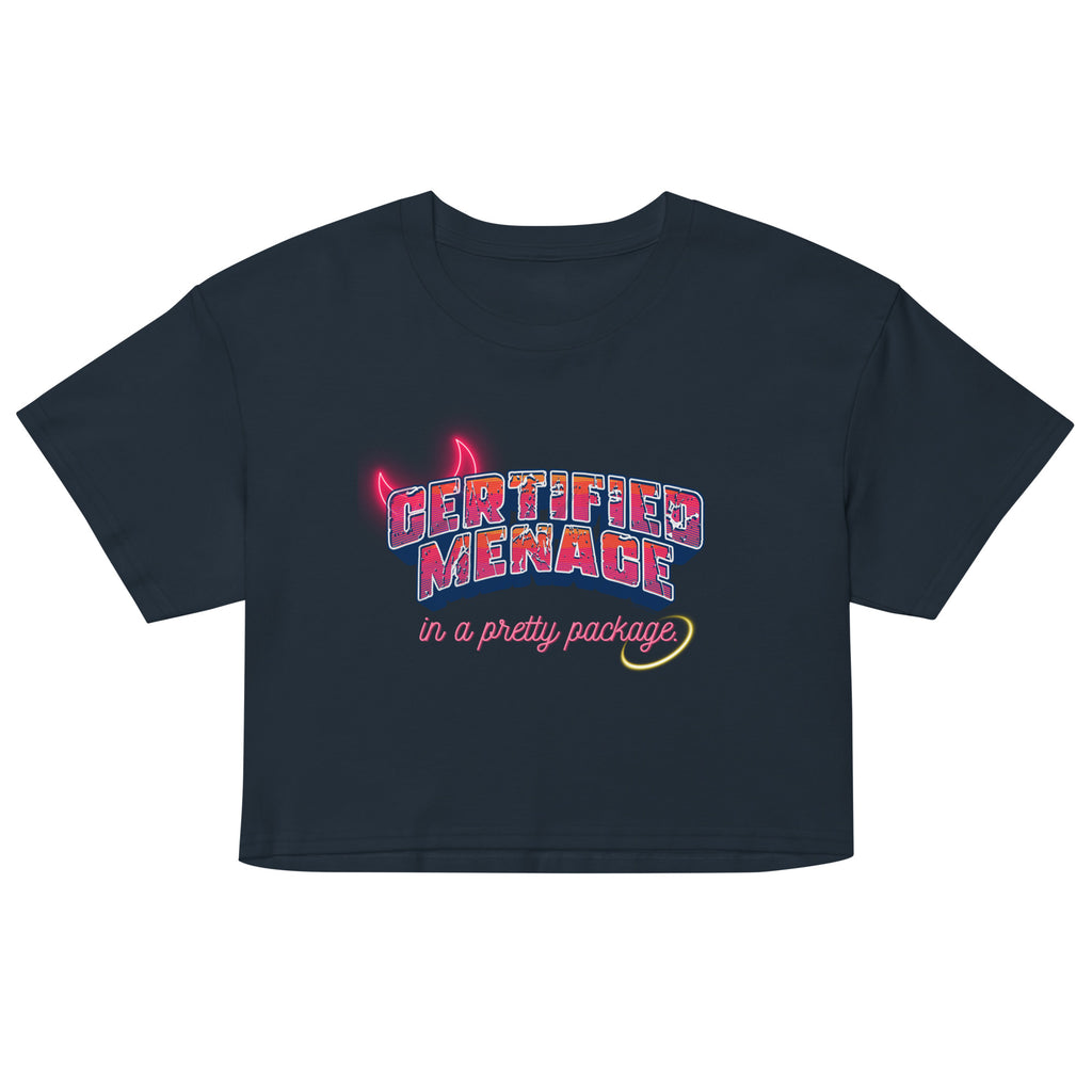 Black crop top with colorful text design on a white background