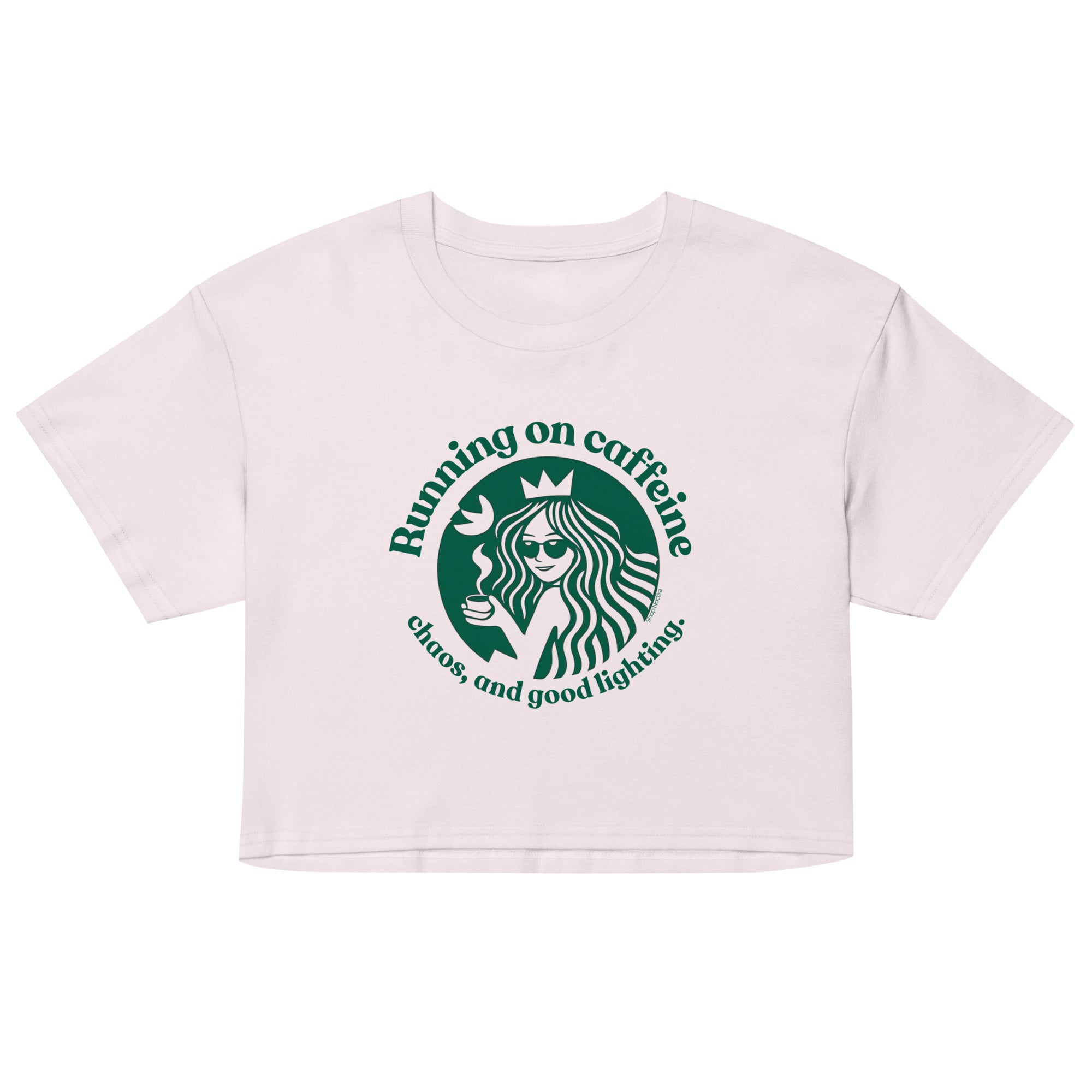 White crop top with logo and text 'Running on caffeine, chaos, and good fighting!' on a white background