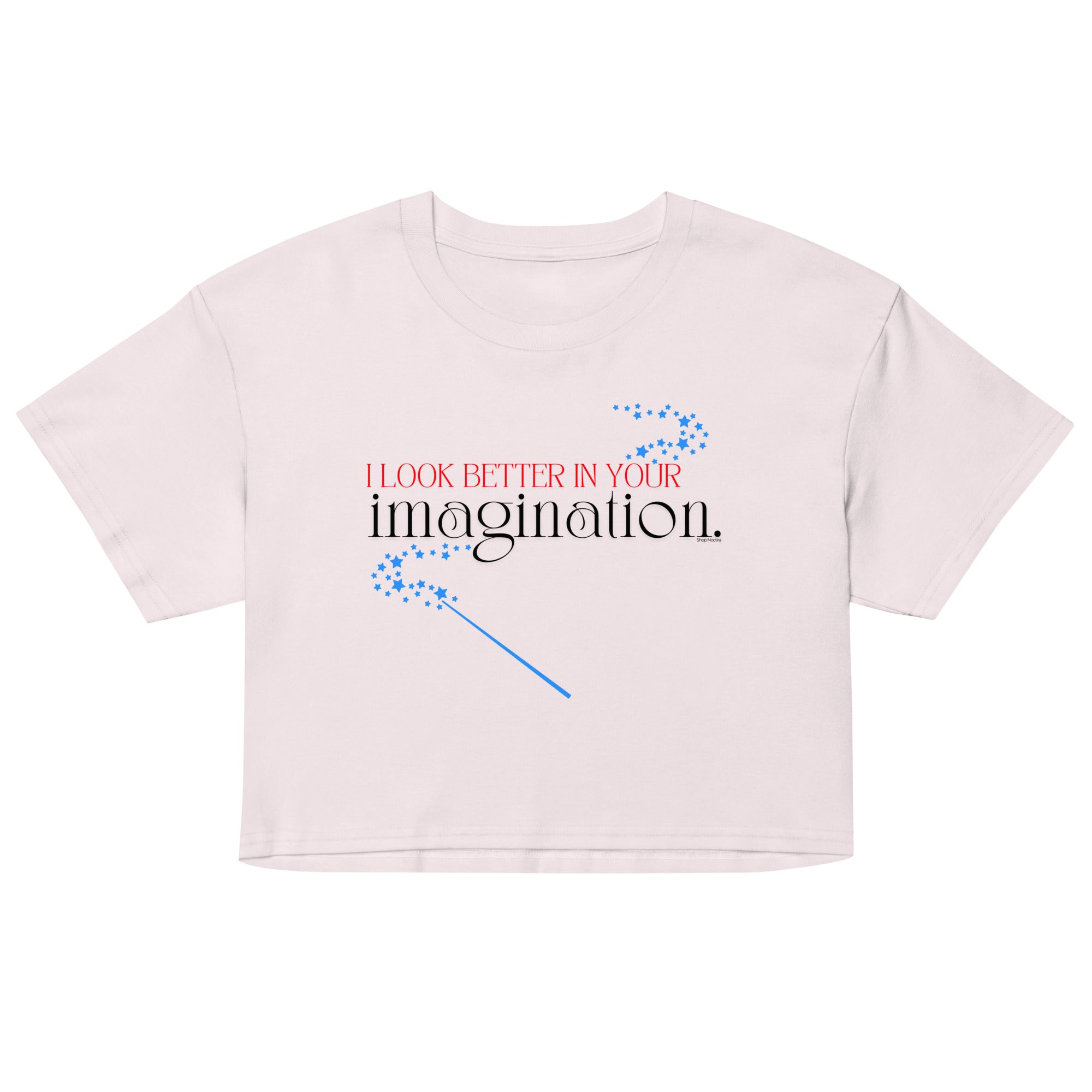 Pink crop top with text and graphics on a white background