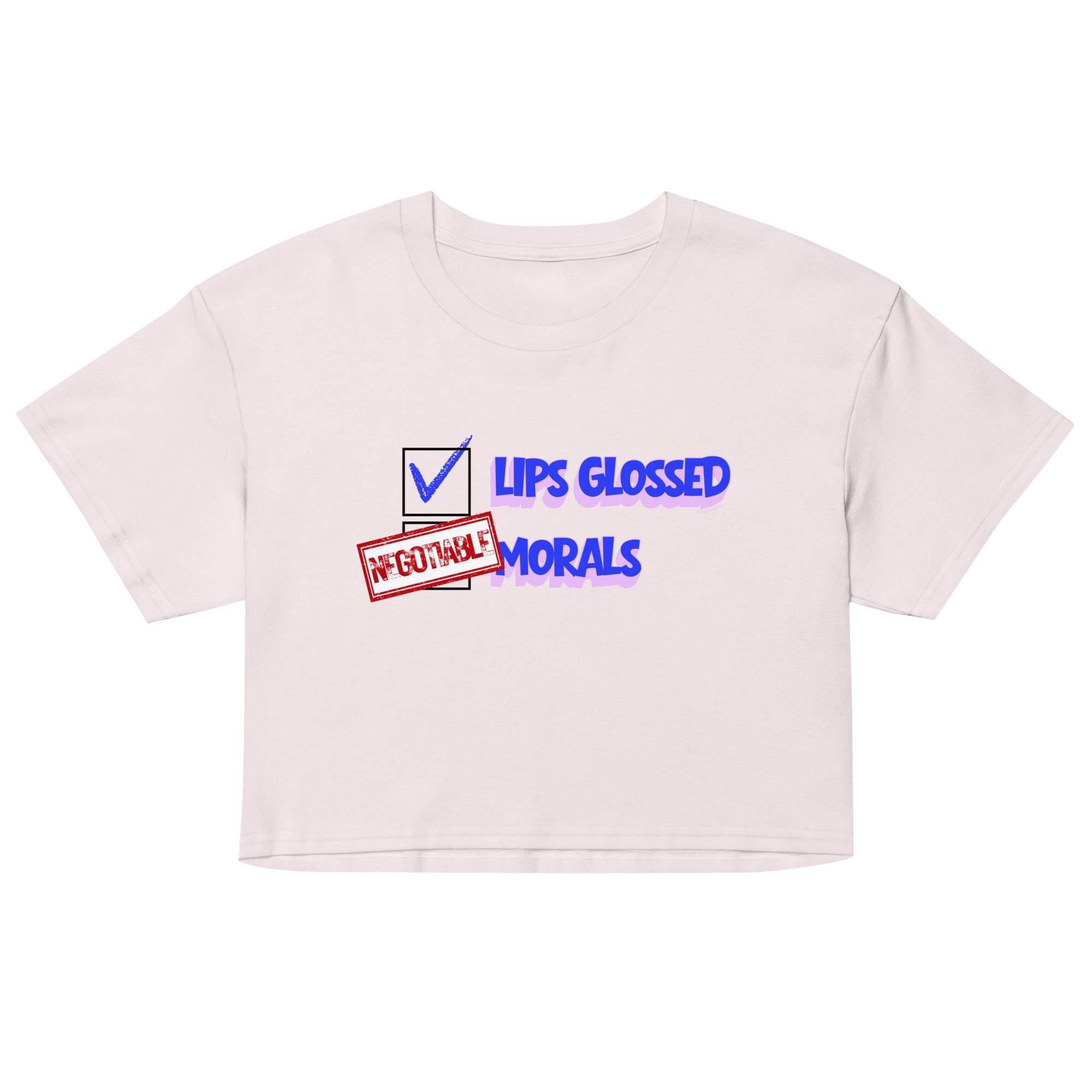 White crop top with graphic design and text on a white background