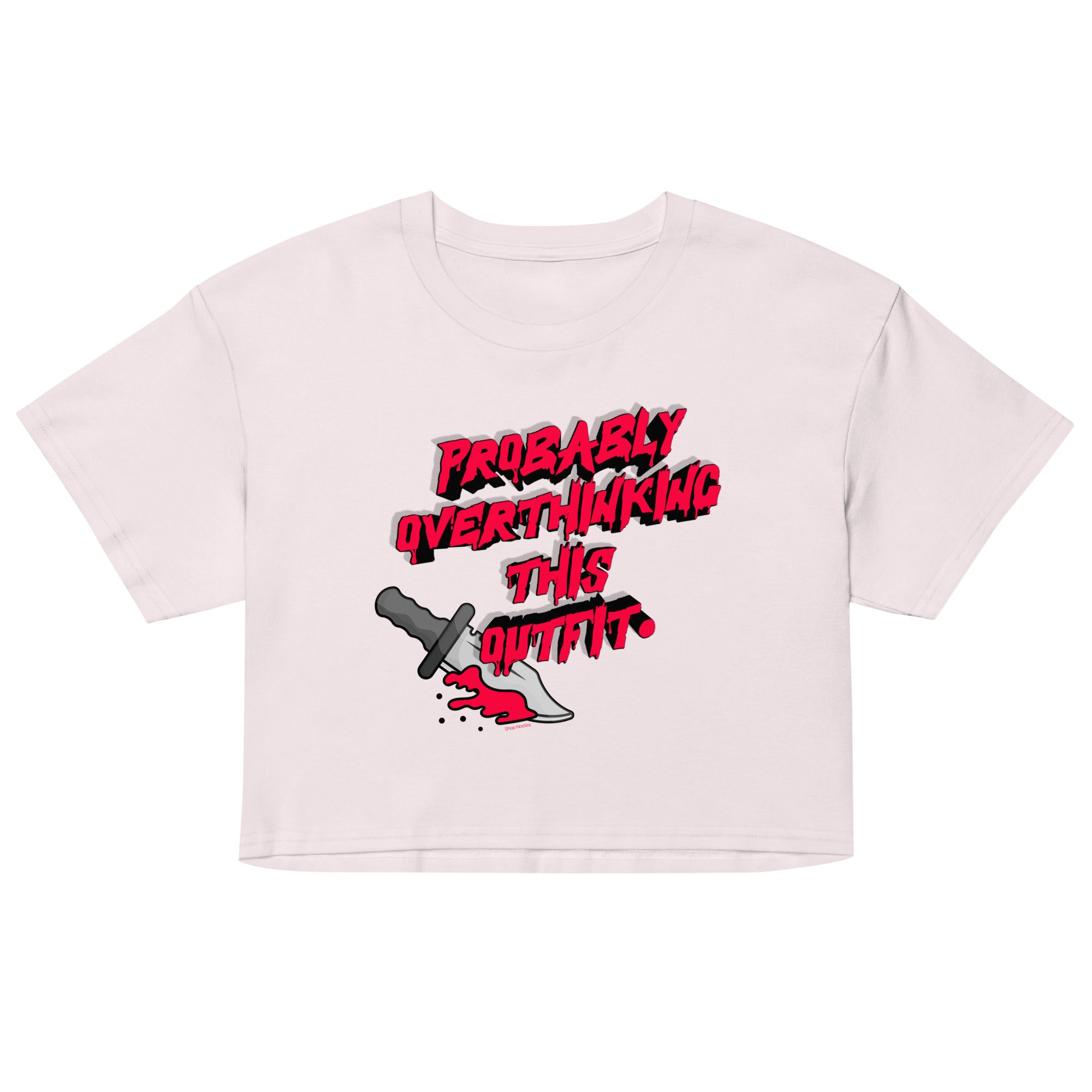 Pink crop top with graphic design and text on a white background