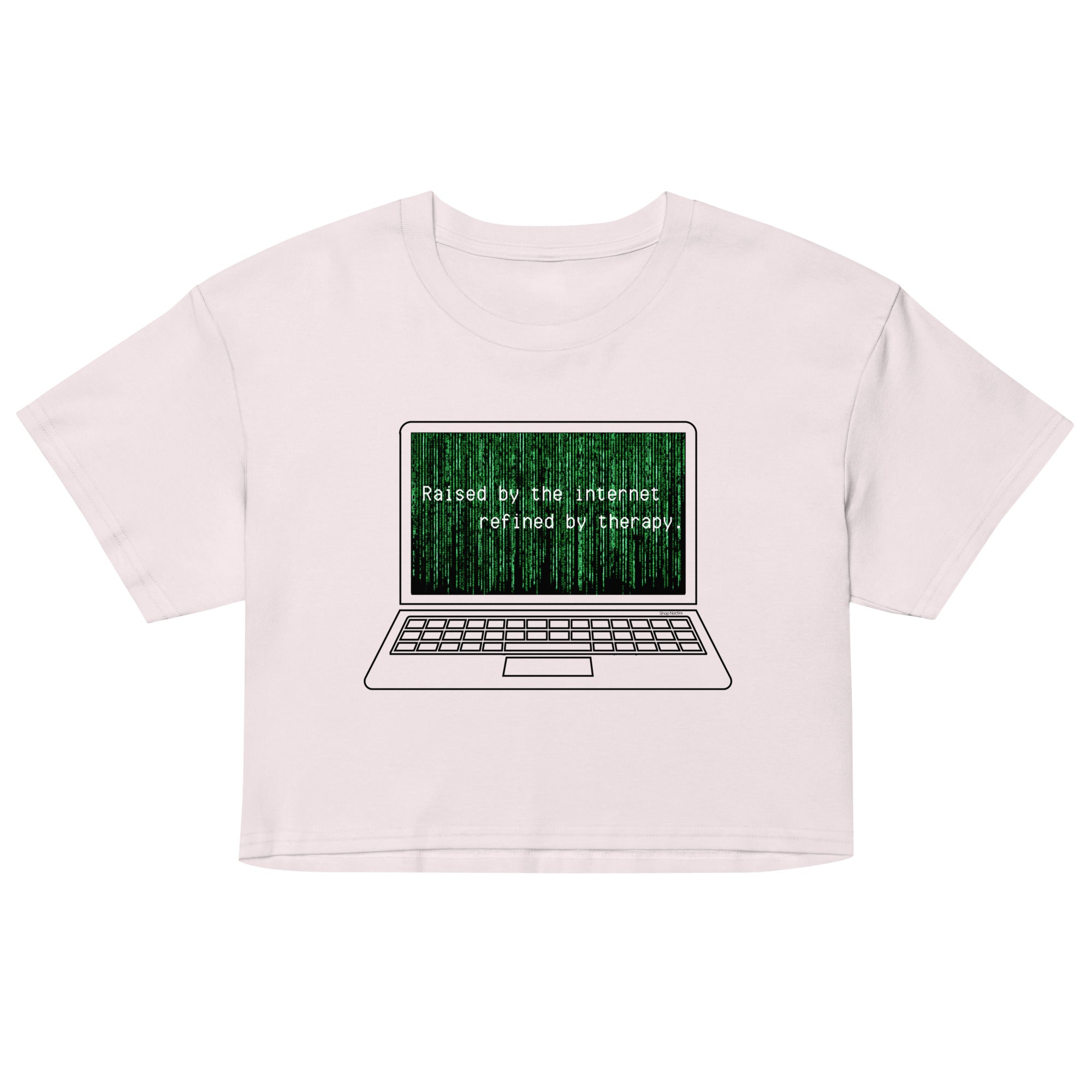 Pink crop top with a graphic of a laptop and text on a white background