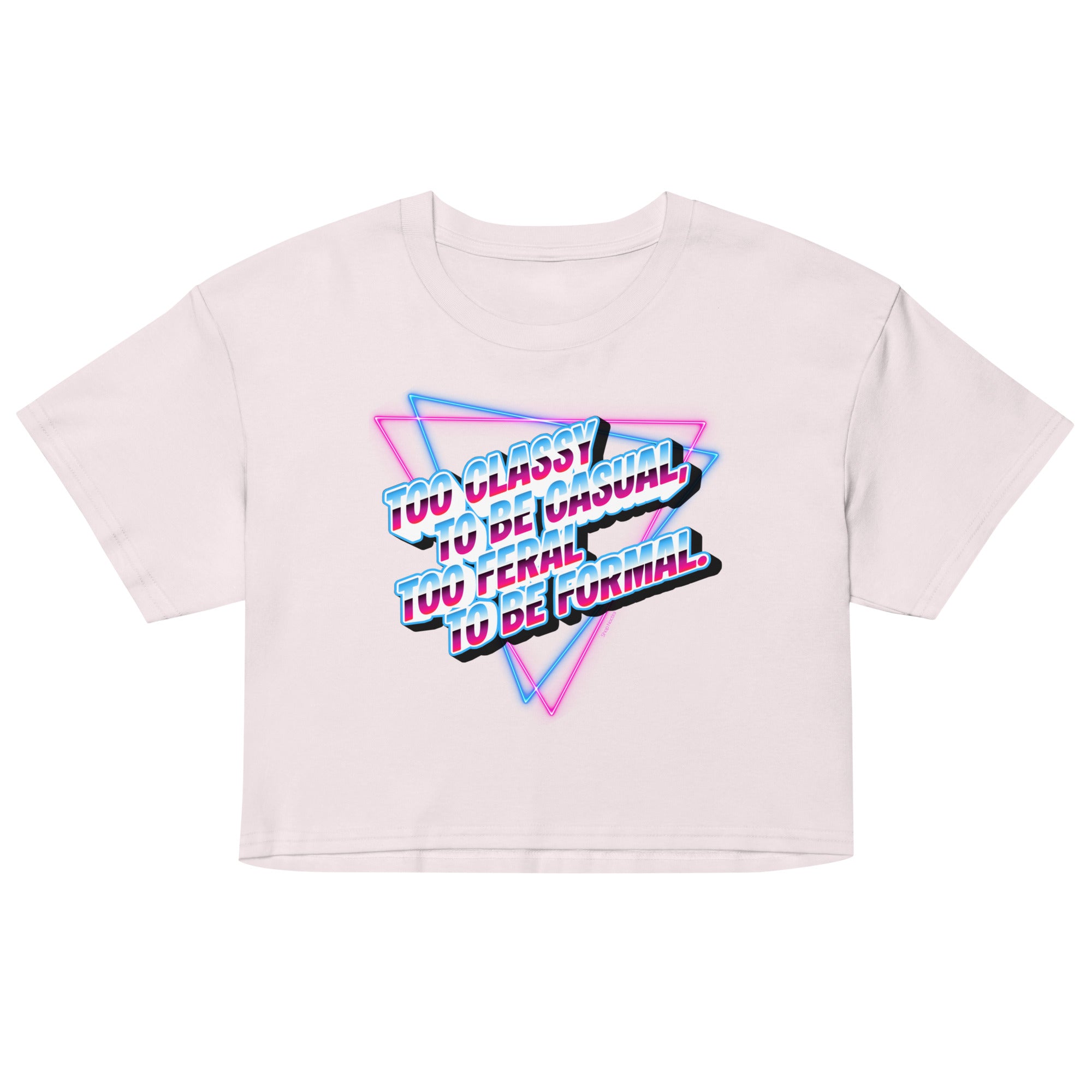 Pink crop top with colorful text design on a white background