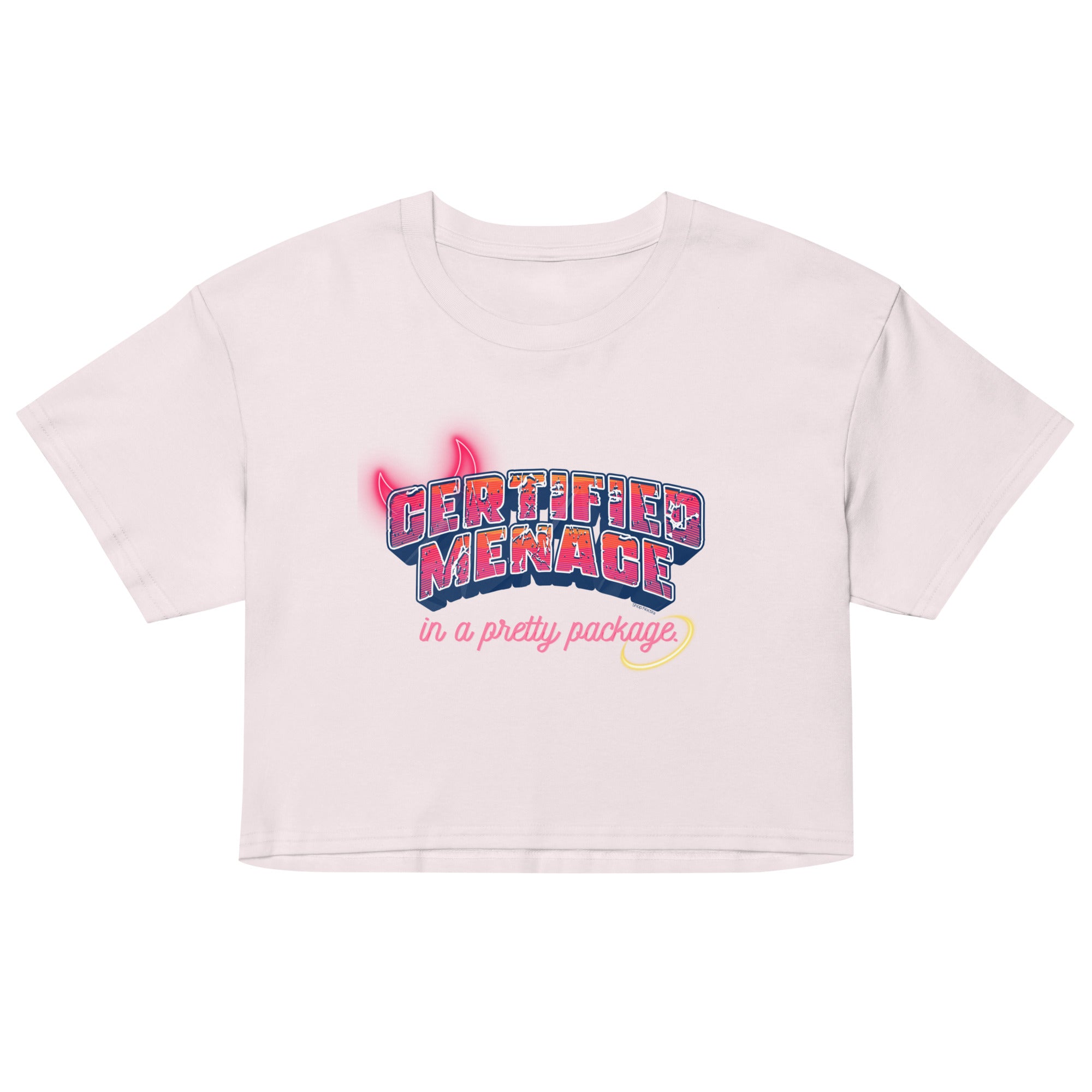 Pink crop top with colorful text design on a white background
