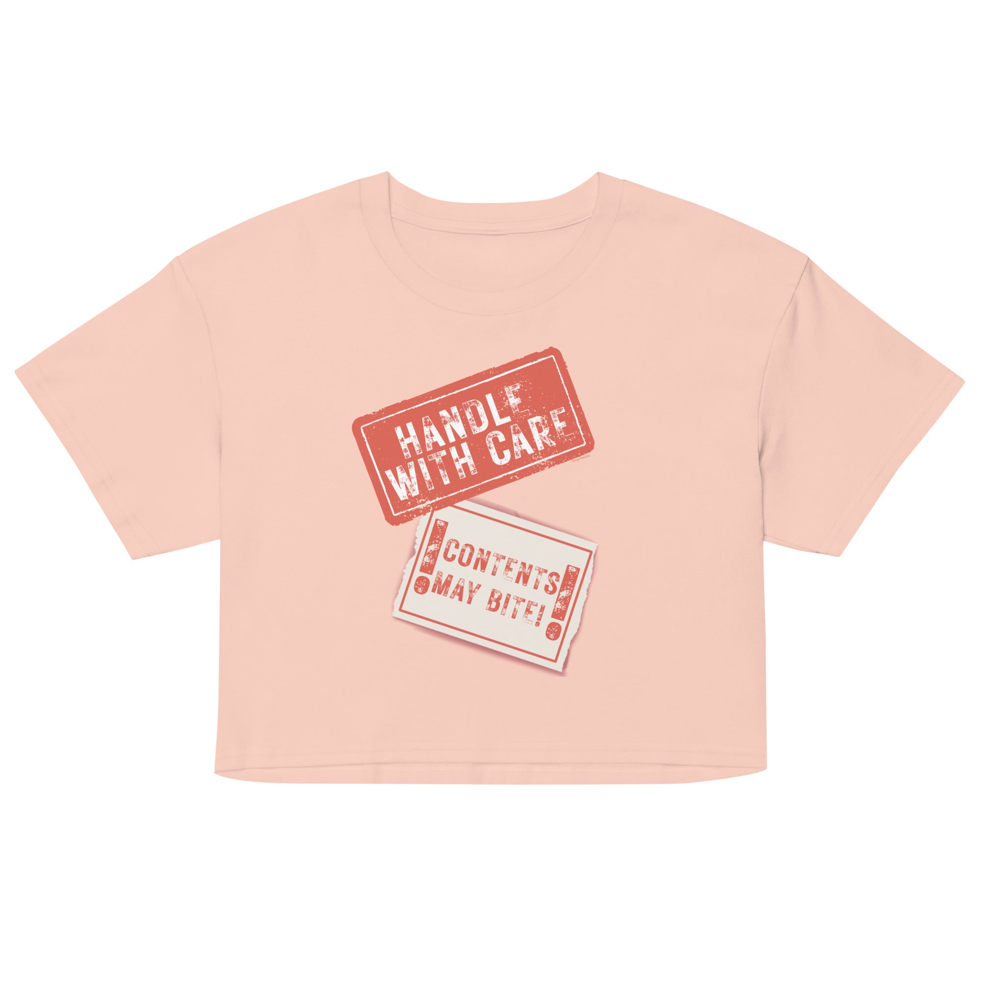 Pink crop top with 'Handle with Care' text on a white background
