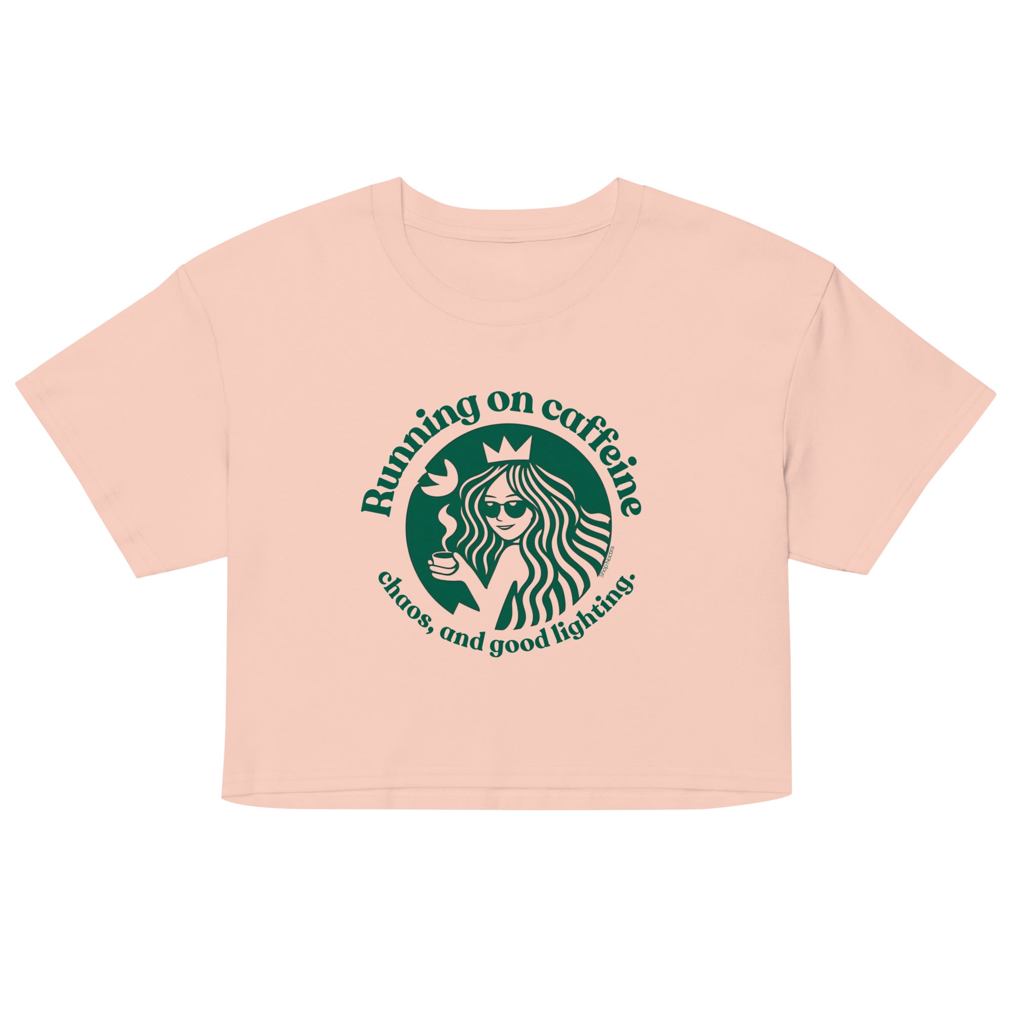 Pink crop top with logo and text on a white background