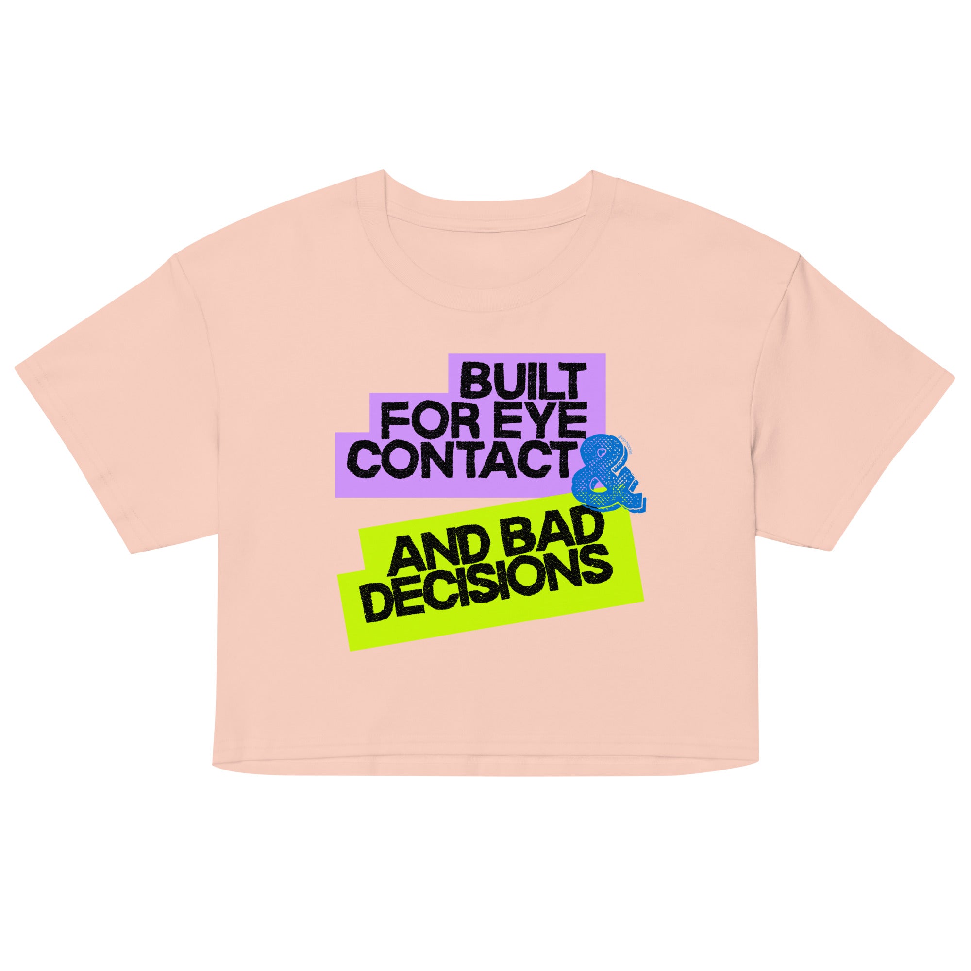 Pink crop top with colorful text design on a white background