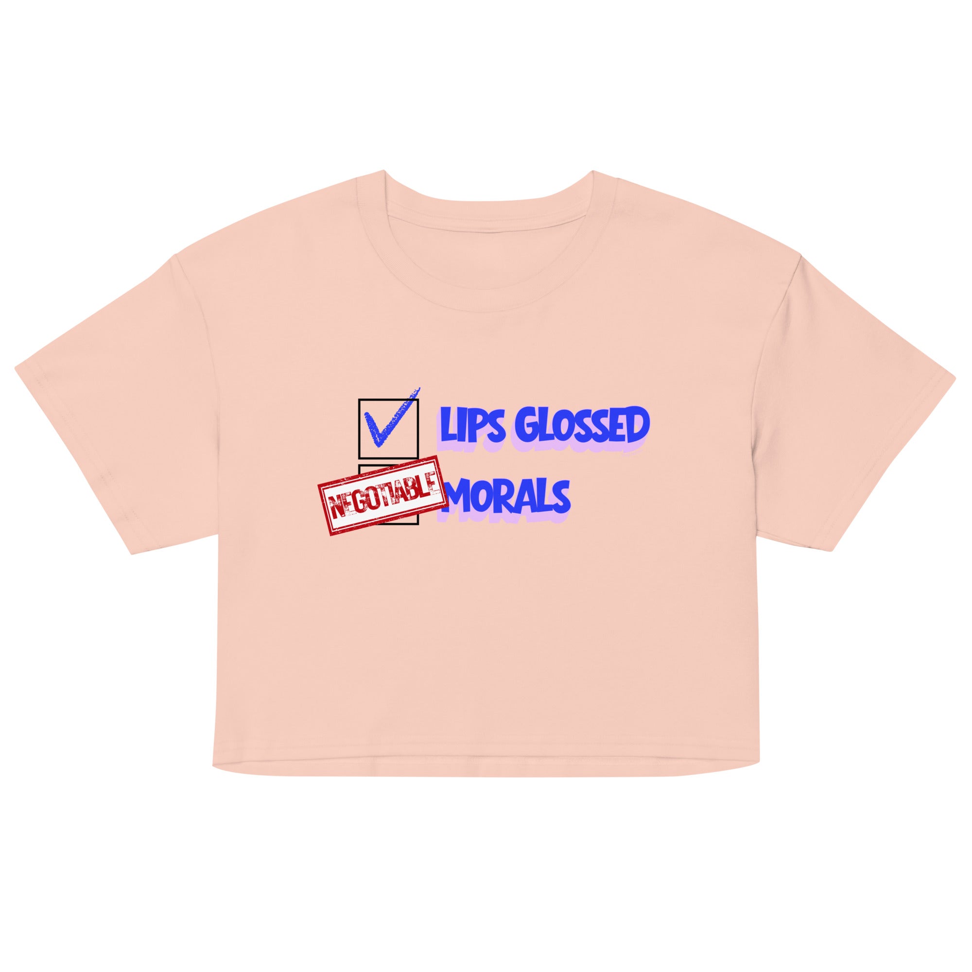 Pink crop top with graphic text design on a white background