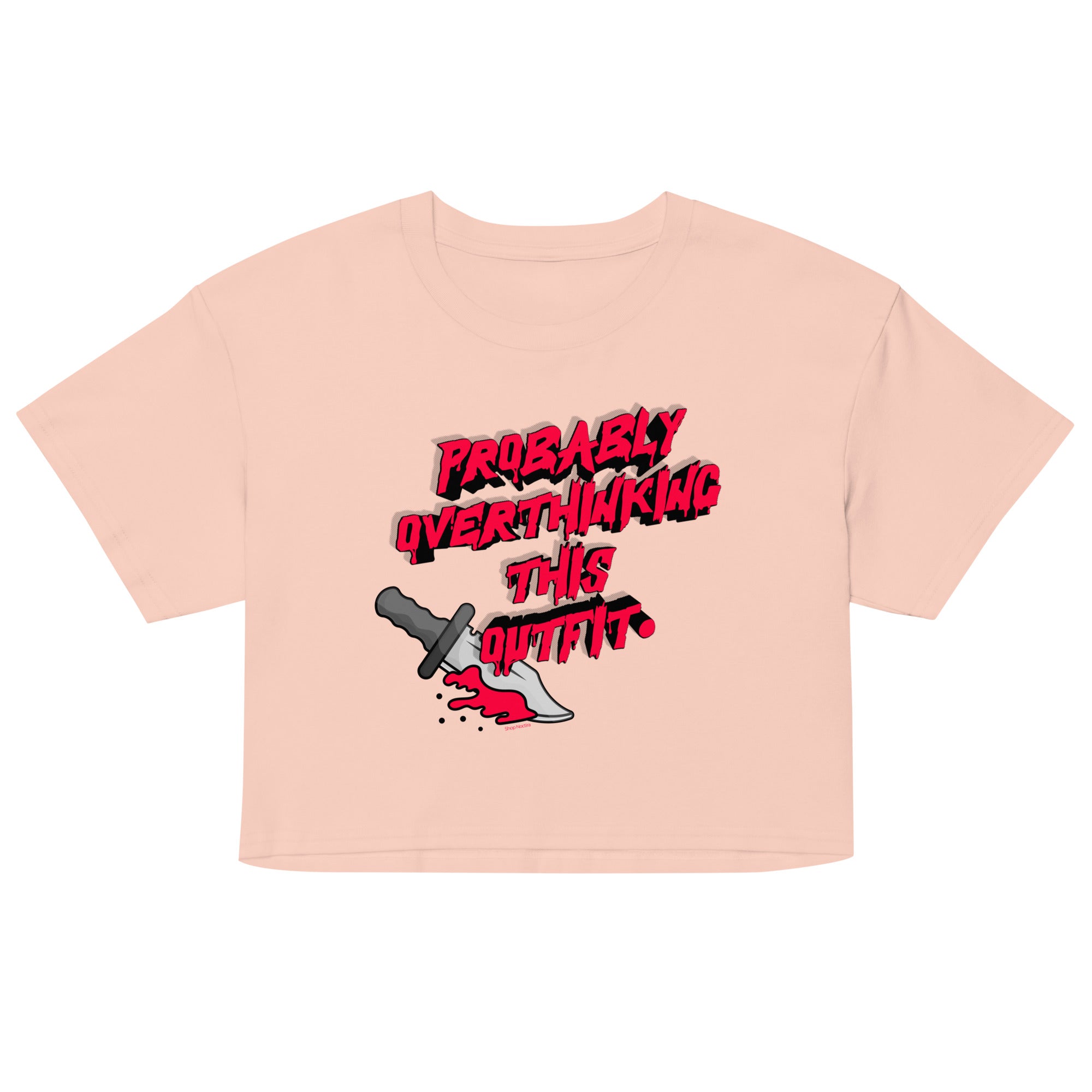 Pink crop top with graphic design and text on a white background