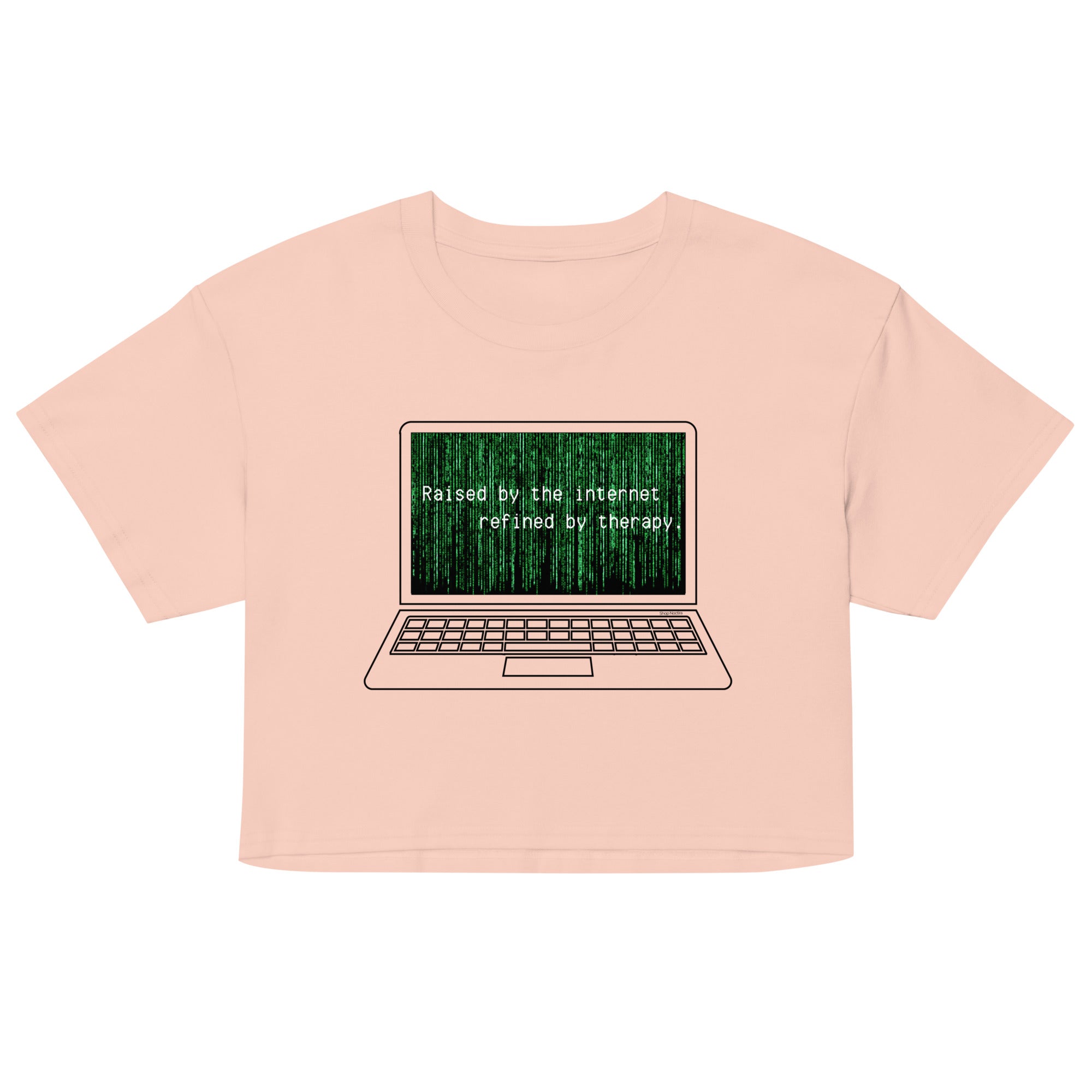 Pink crop top with a graphic of a laptop and text on a white background