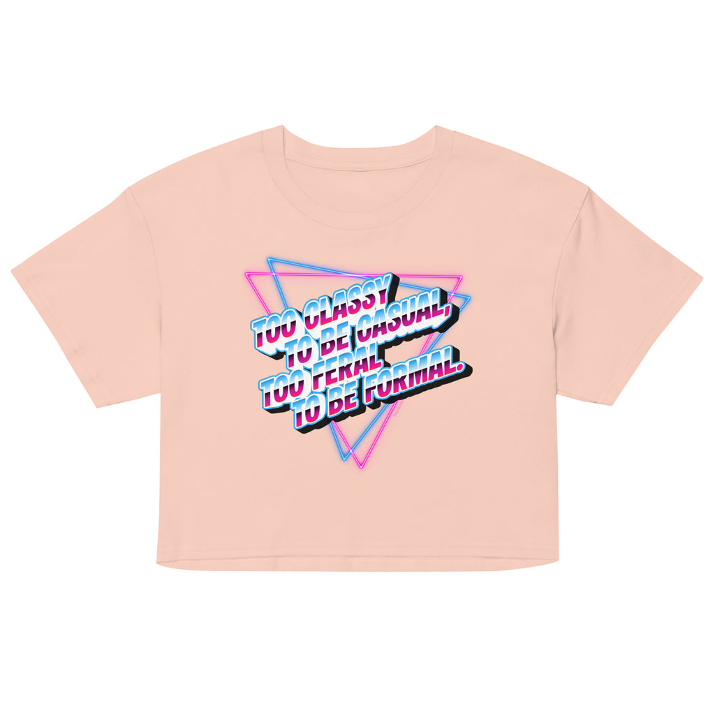 Pink crop top with colorful text design on a white background
