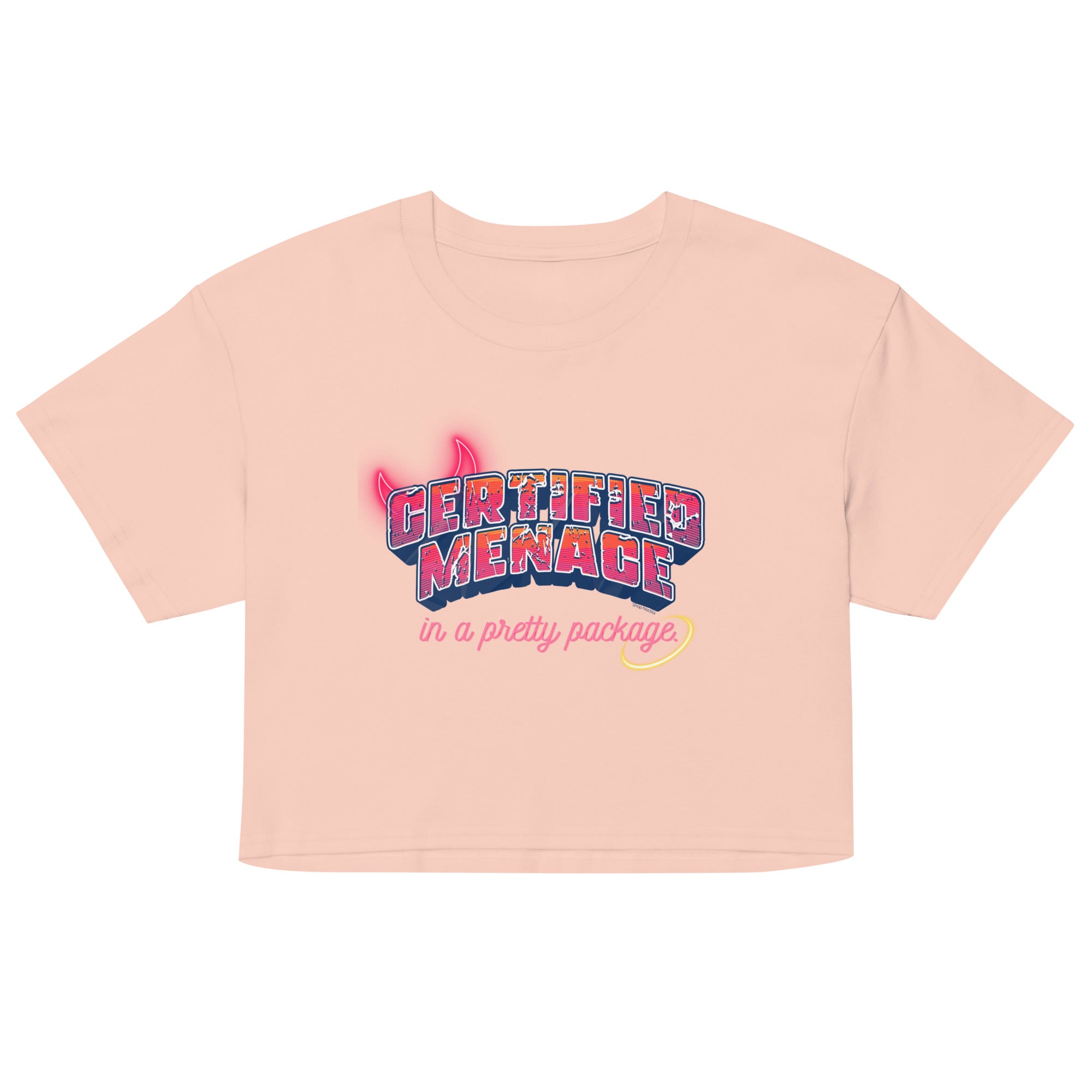 Pink crop top with colorful text design on a white background