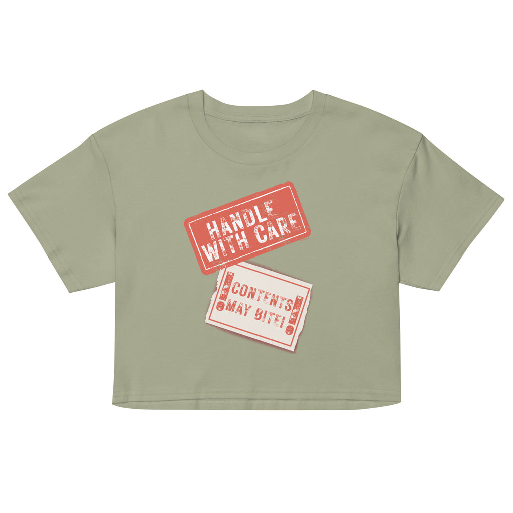 Green crop top with red and white text on a white background