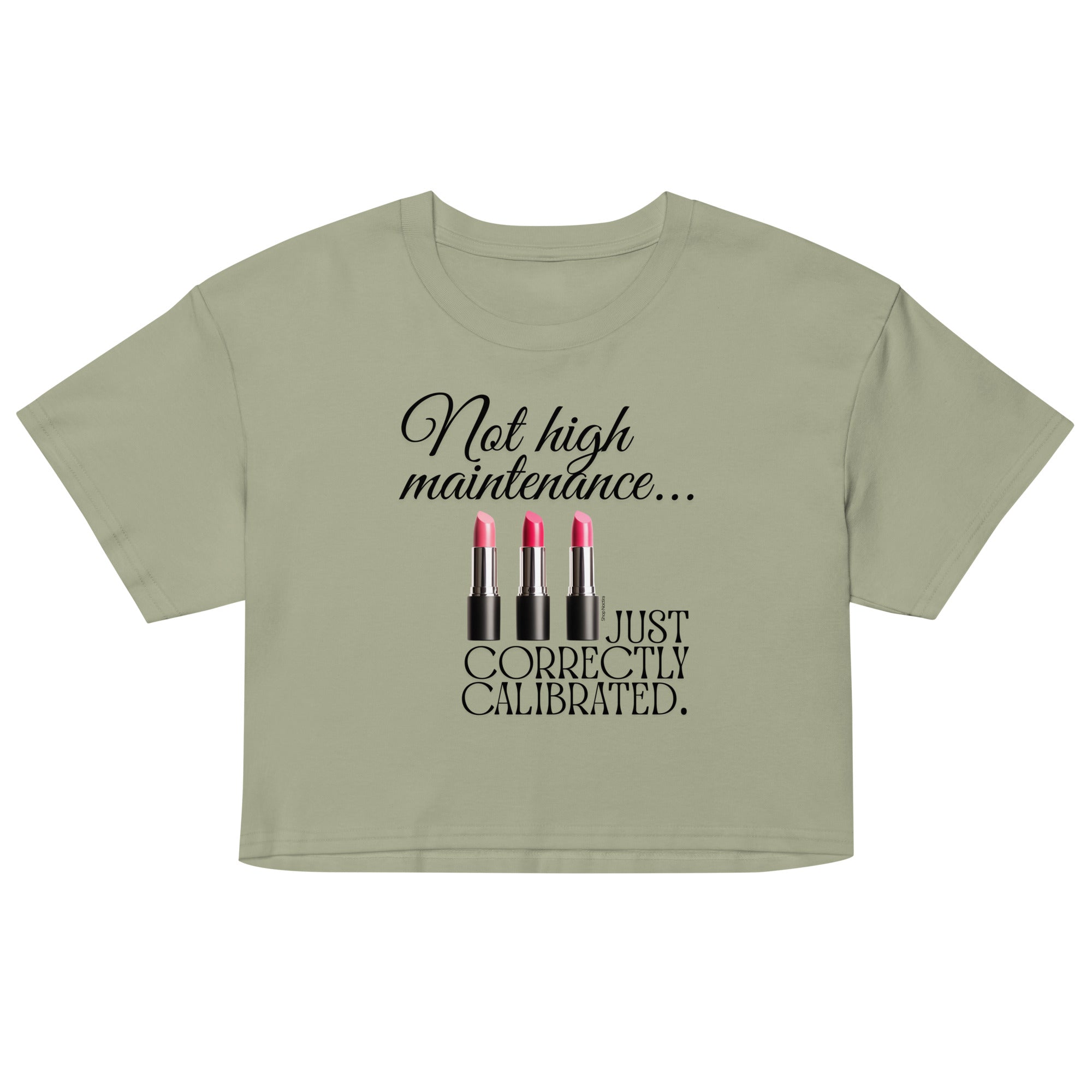 Sage green crop top with black text and lipstick graphics on a white background