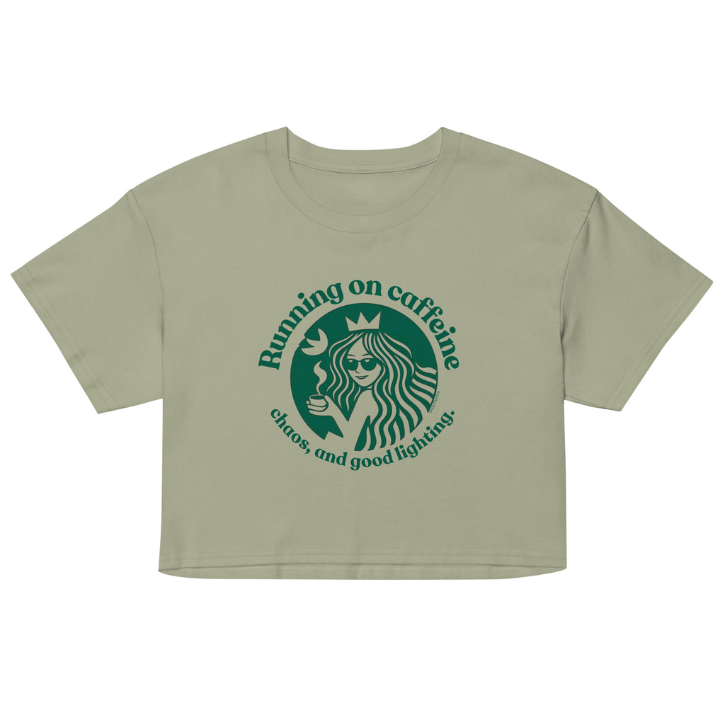Green crop top with logo and text on a white background