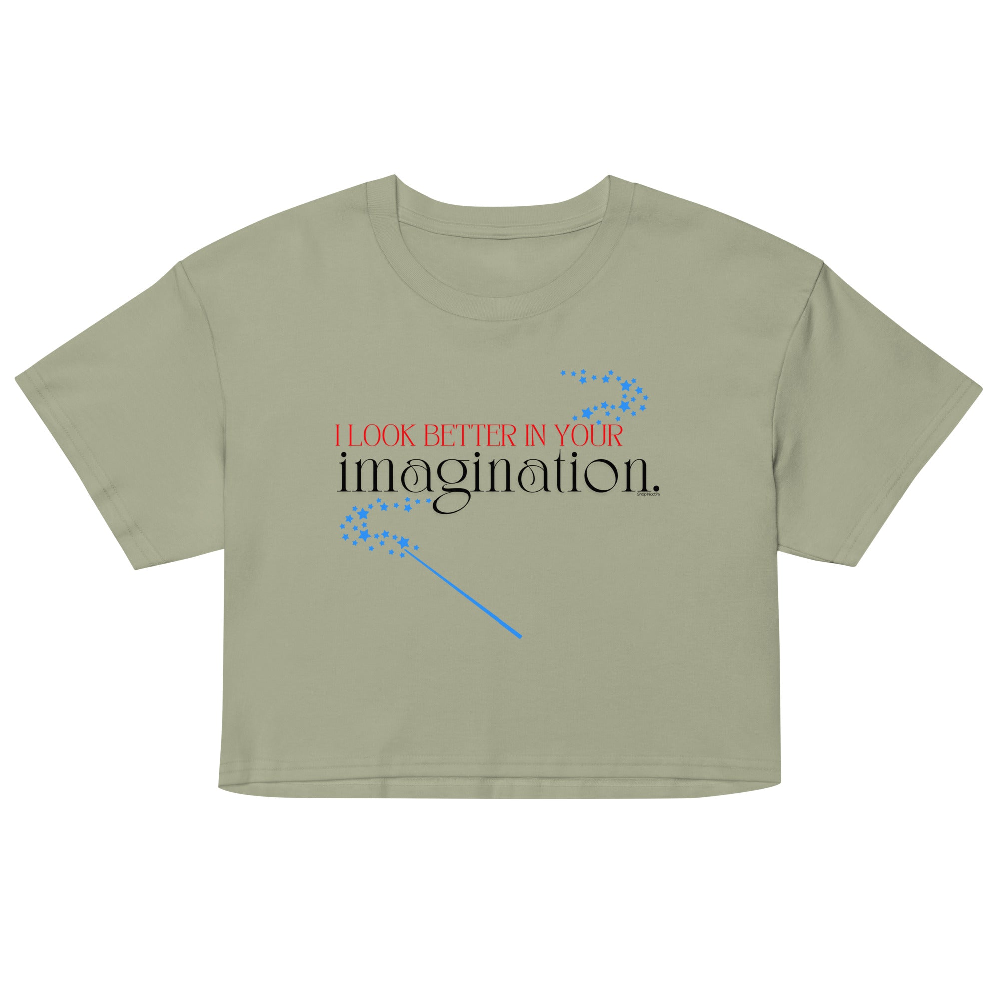 Green crop top with text and blue wand graphic on a white background