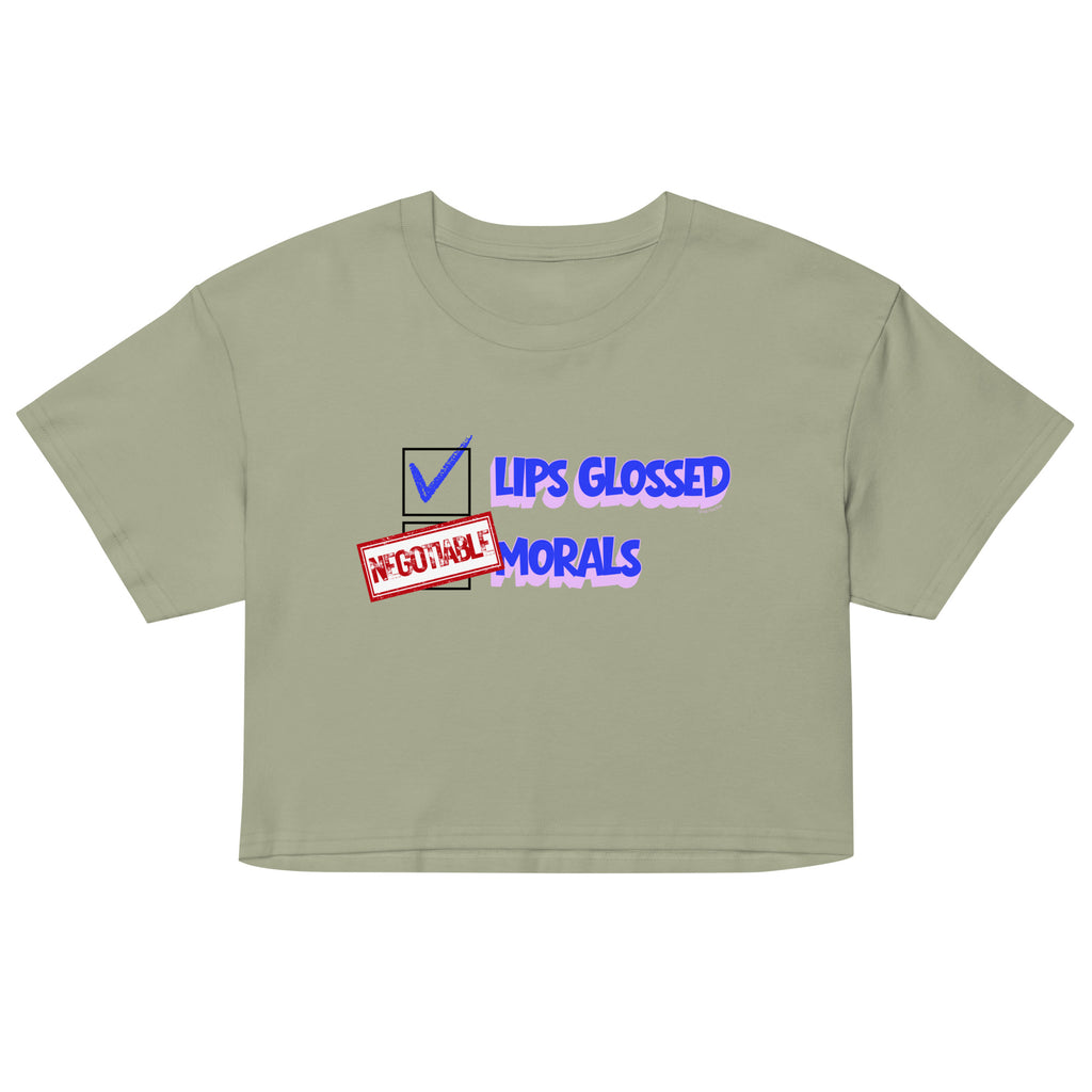 Green crop top with graphic text design on a white background Lips 