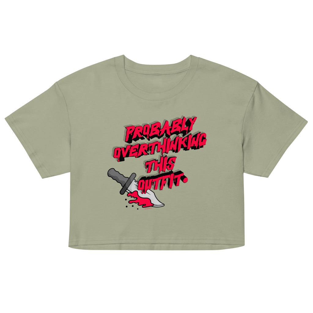 Green crop top with red and black graphic design on a white background