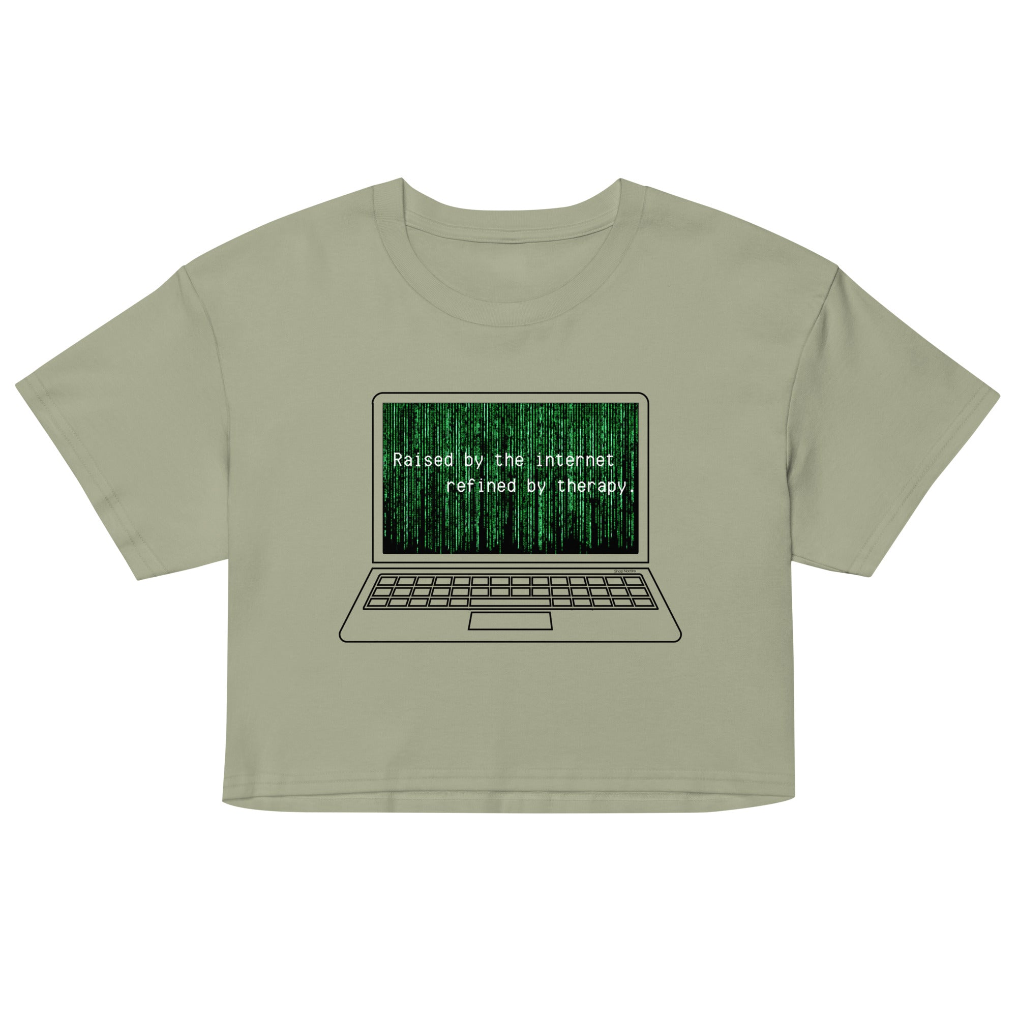 Sage green crop top with laptop graphic and text on a white background