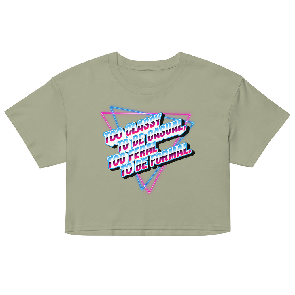 Green crop top with colorful text design on a white background