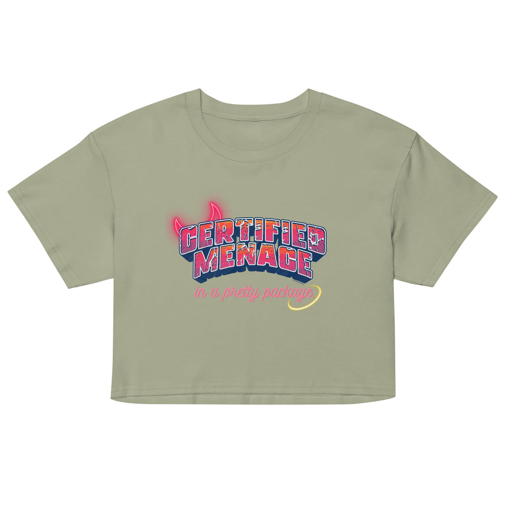 Light green crop top with colorful text design on a white background