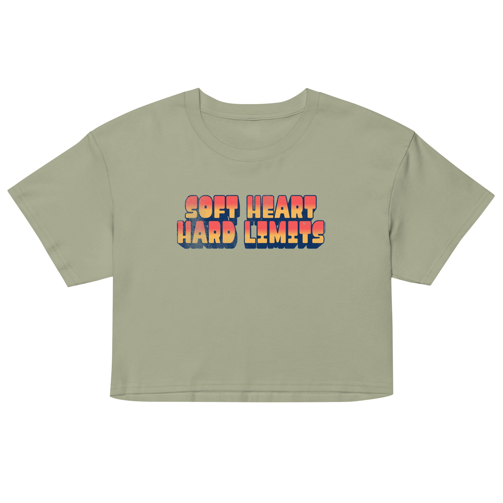 Sage green crop top with 'Soft Heart Hard Limits' text in colorful letters on a white background