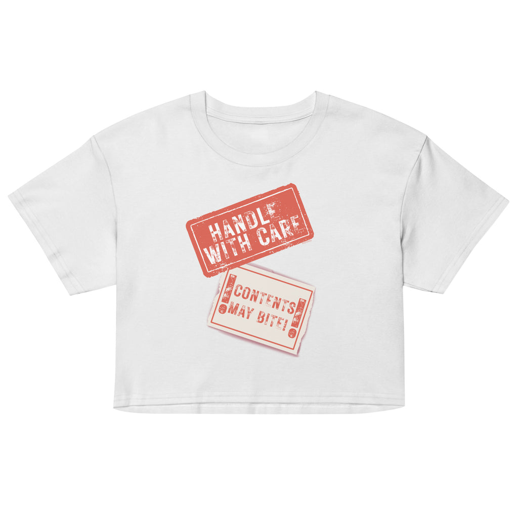 White crop top with red text and stamps on a white background