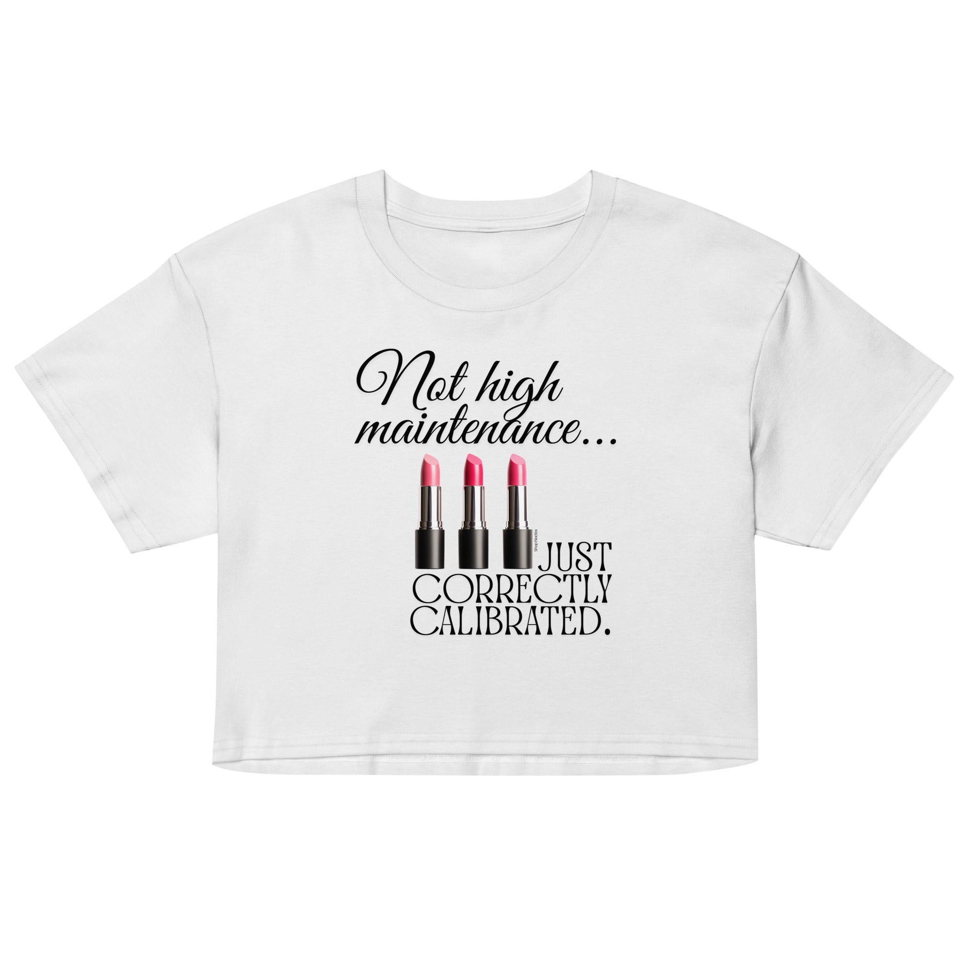 White crop top with black text and lipstick graphics on a white background