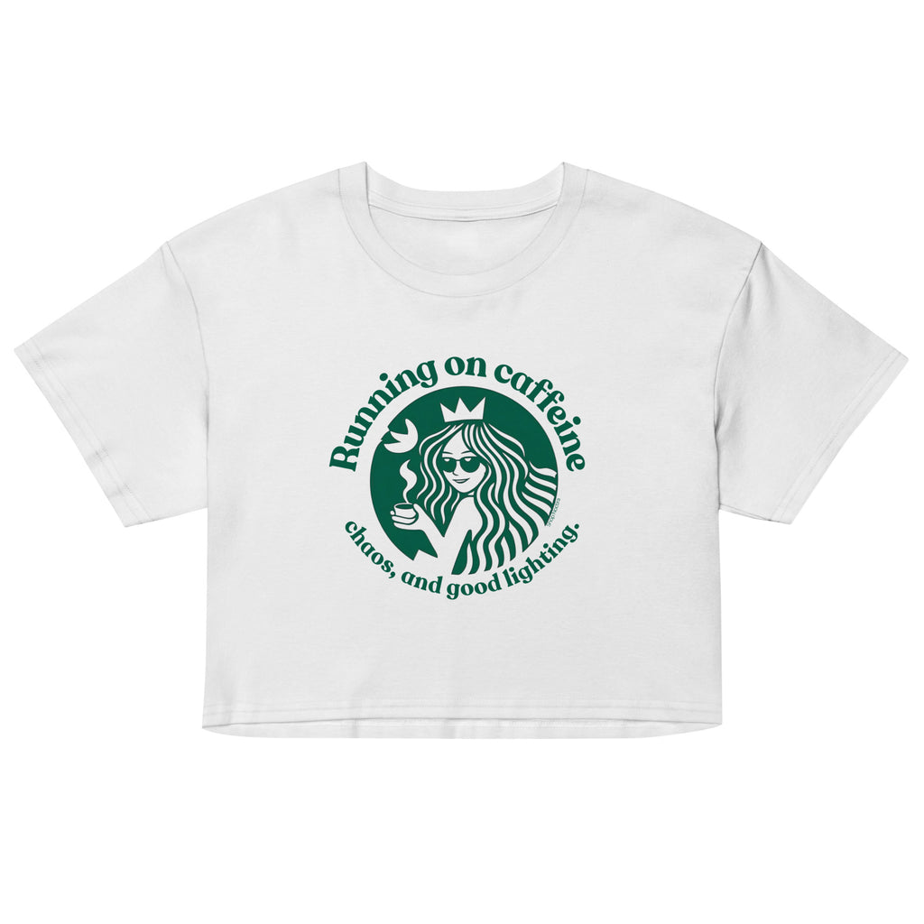 White crop top with logo and text on a white background