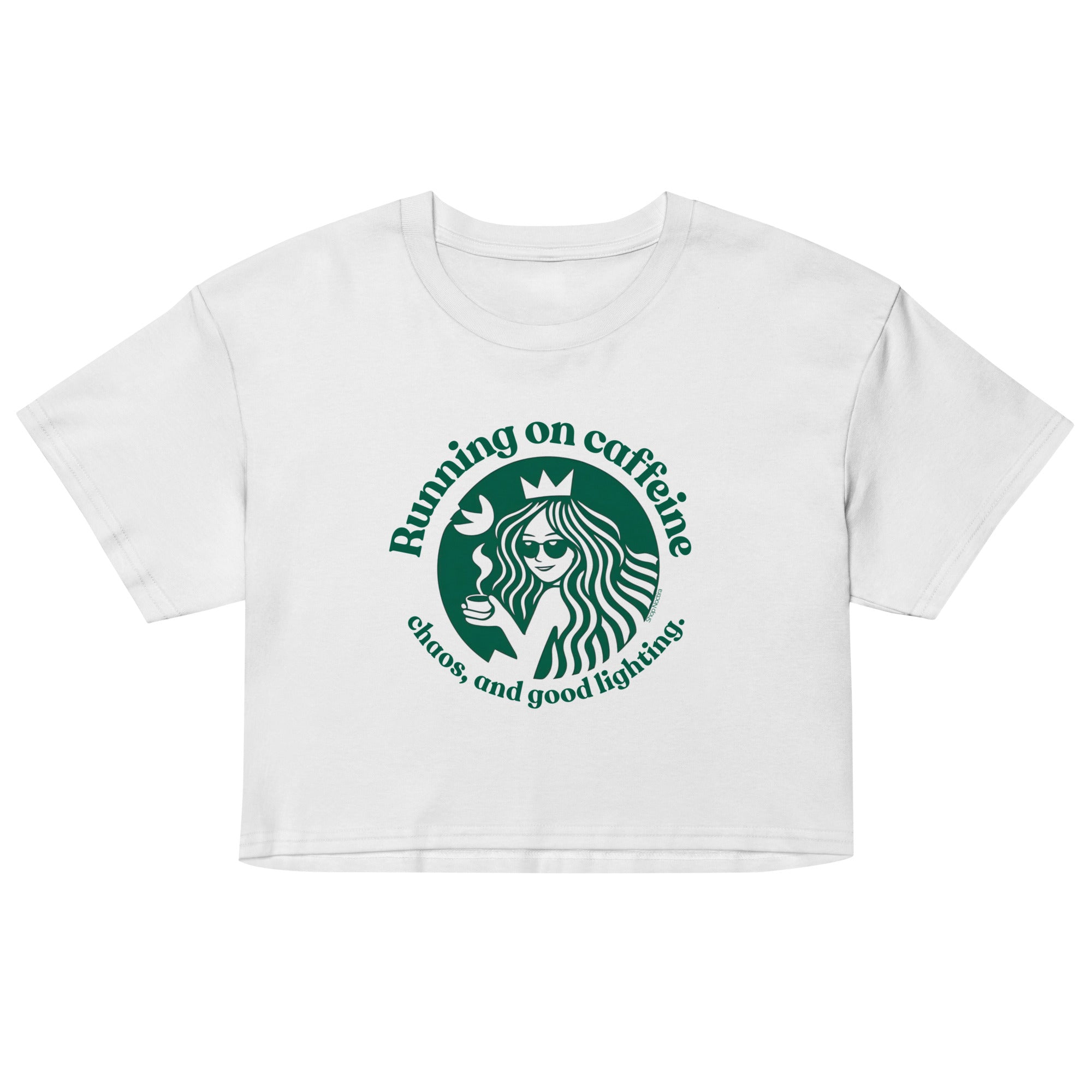 White crop top with logo and text on a white background