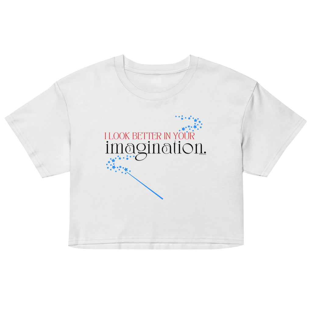 White crop top with text and graphics on a white background