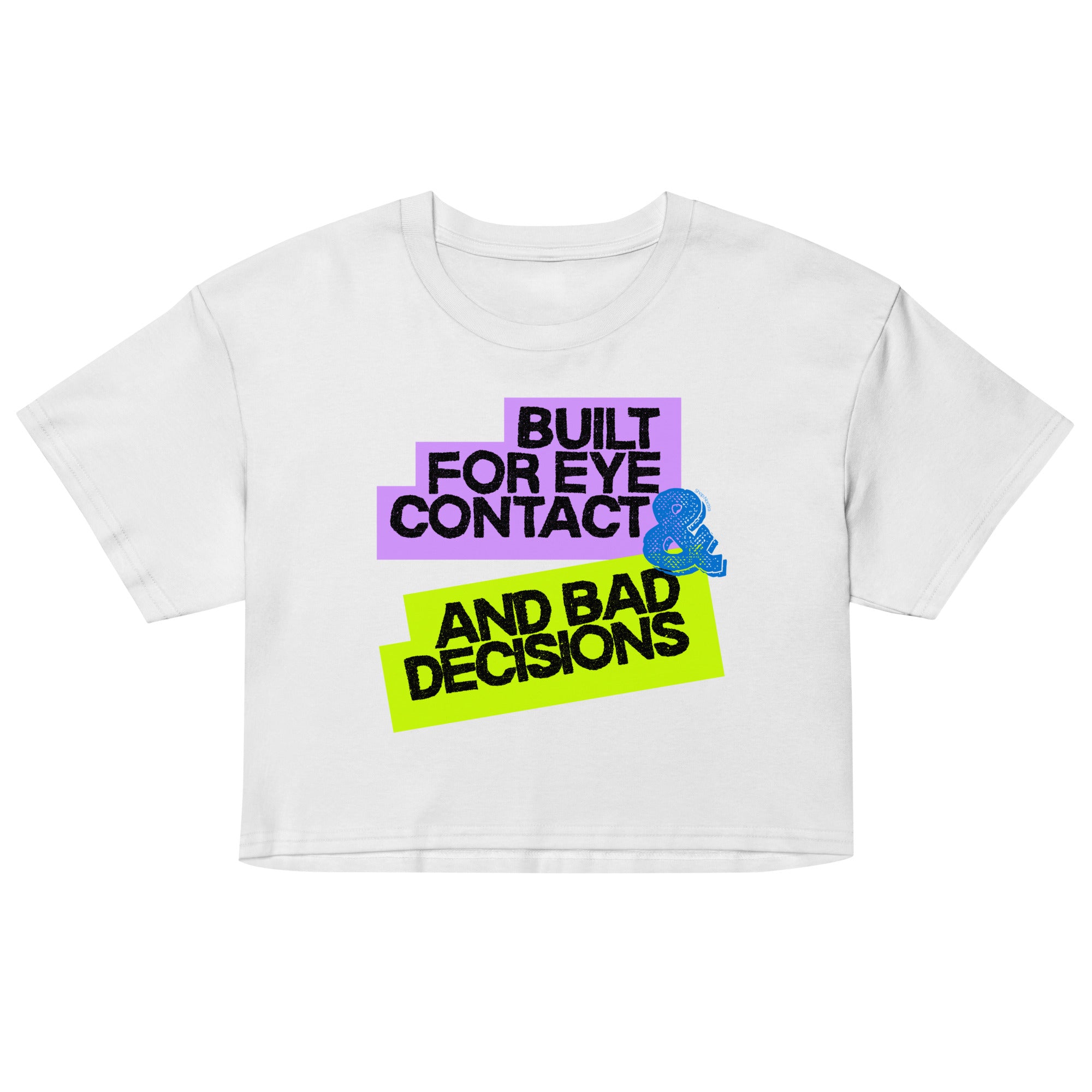 White crop top with colorful text design on a white background